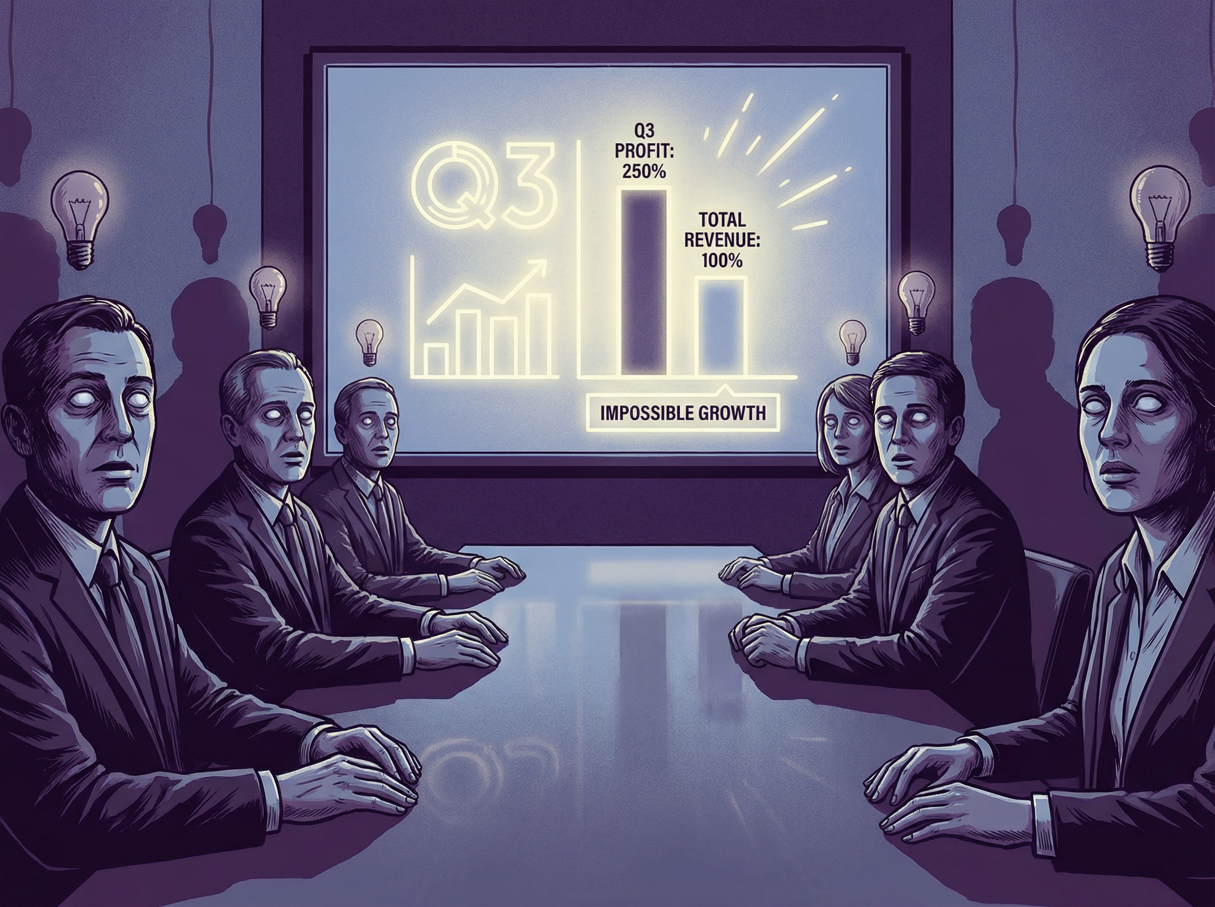 A boardroom where executives stare at a dazzlingly beautiful presentation slide, hypnotized by its polish while a chart with impossible numbers goes unnoticed