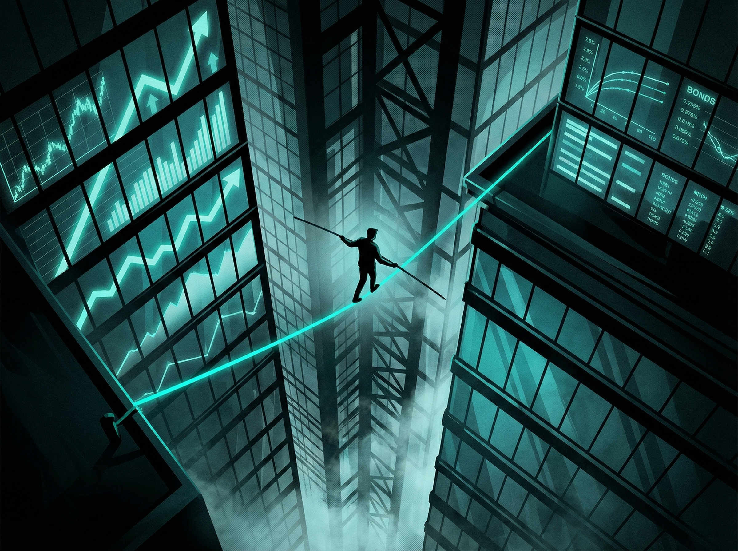 Silhouette balancing on a razor-thin tightrope between skyscrapers with teal neon glow