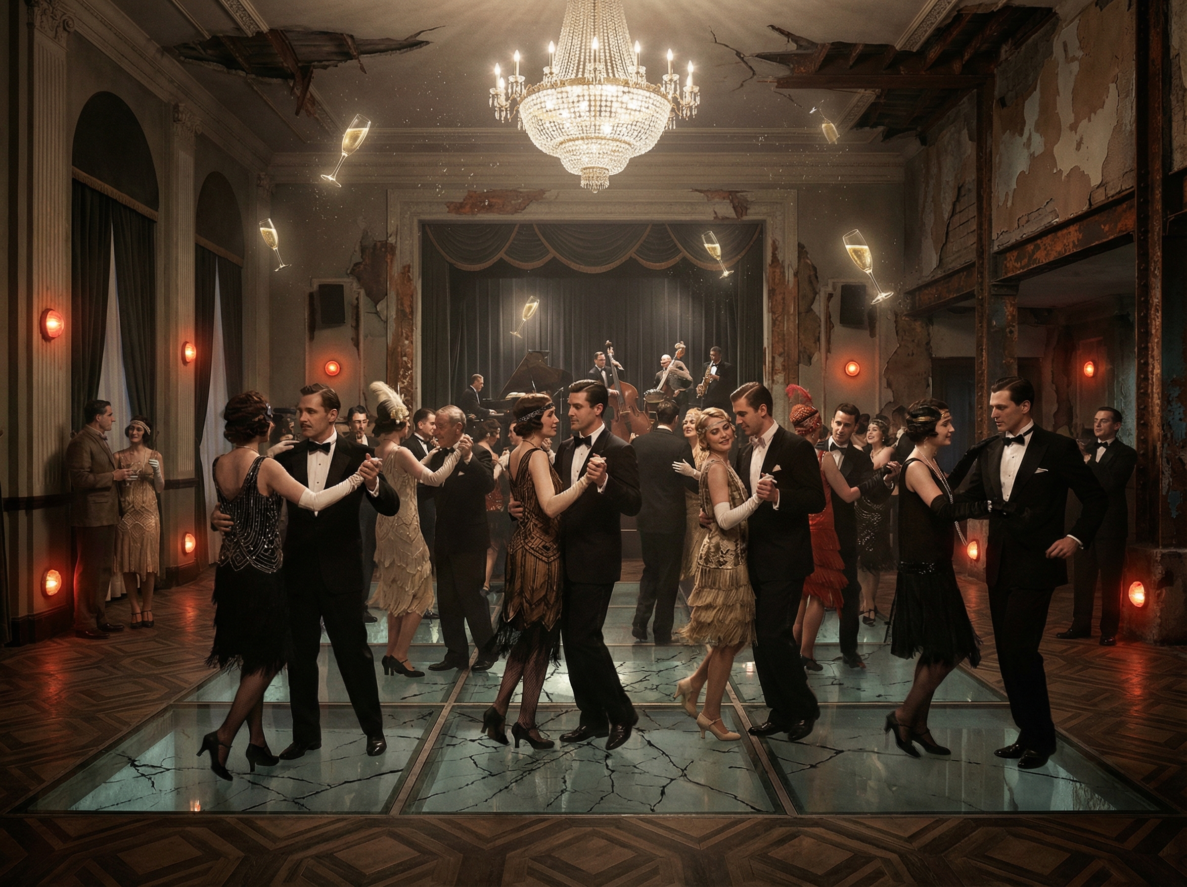 Jazz age party with visible cracks in the foundation