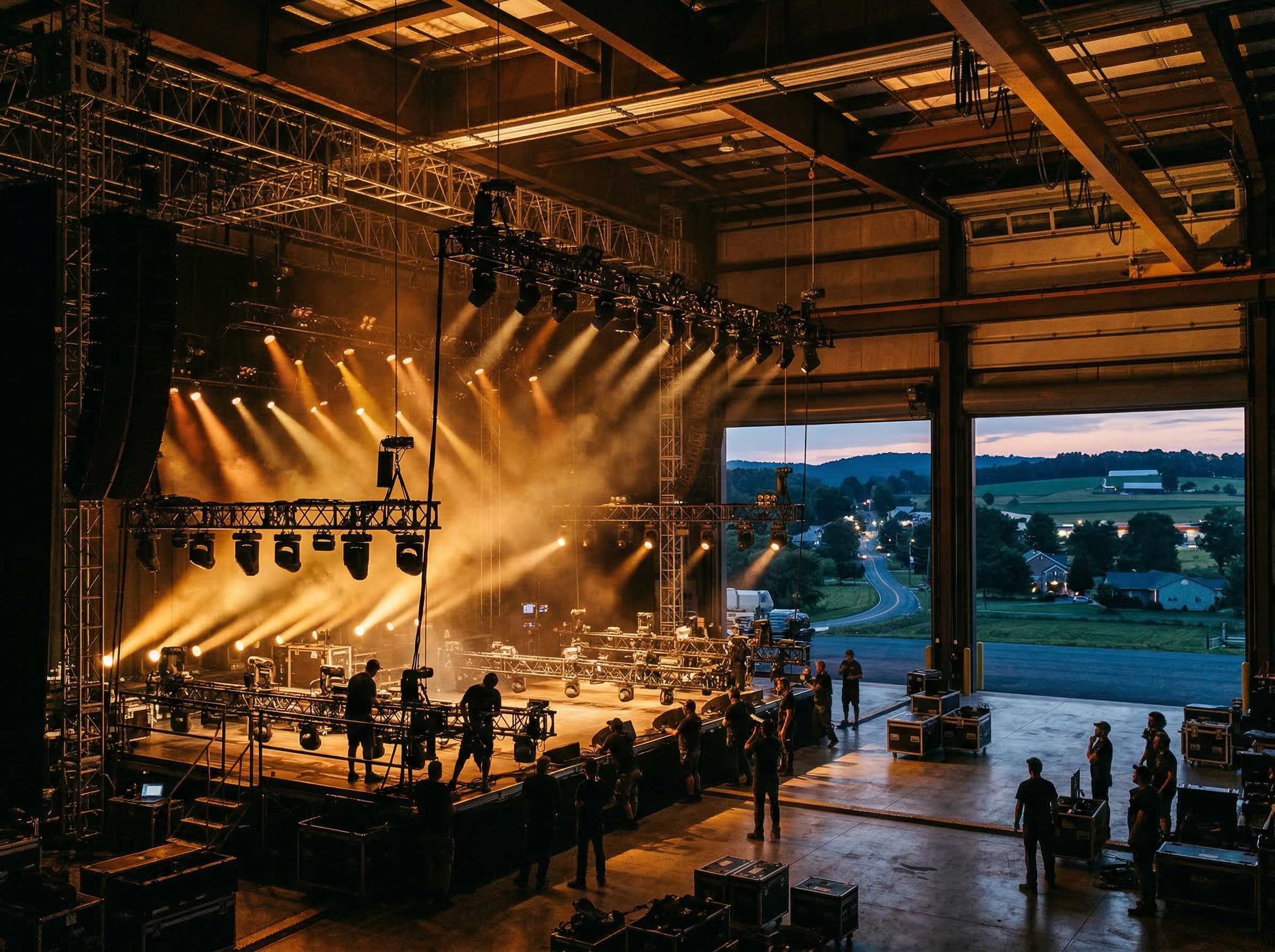 Massive modern concert production facility at dusk with dramatic stage lighting trusses inside a rehearsal warehouse
