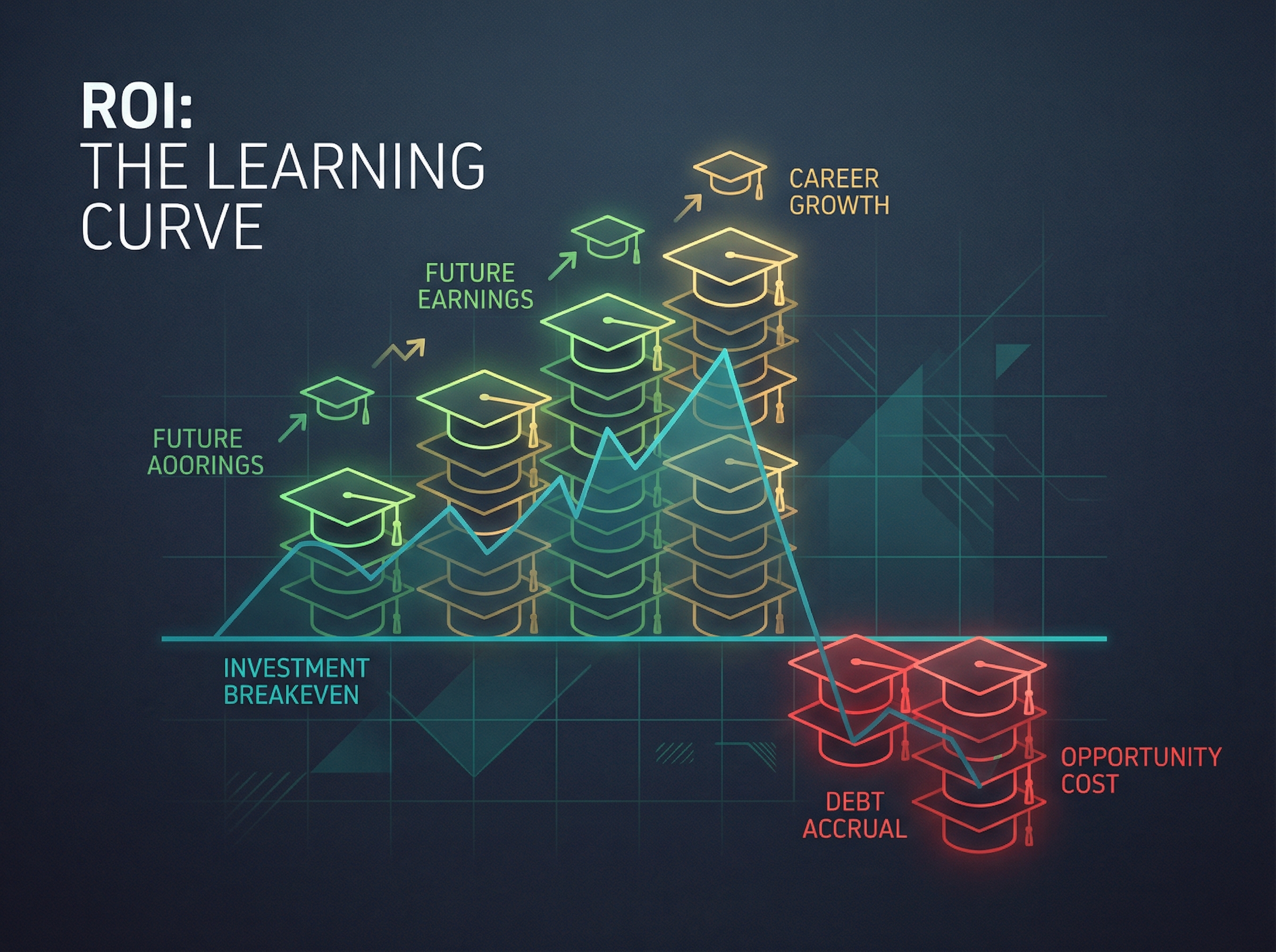 Abstract visualization of graduation caps as rising and falling ROI bars