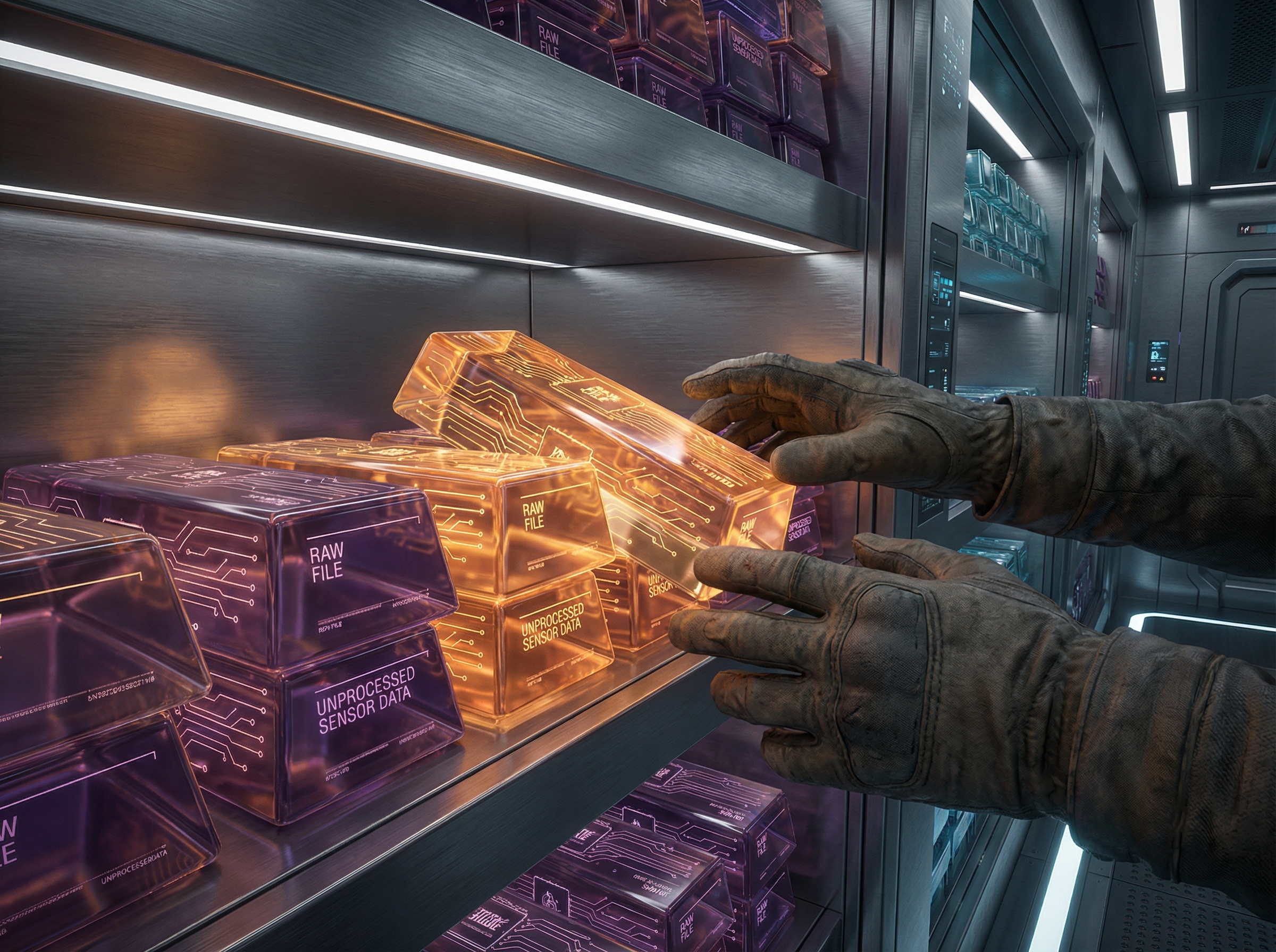 Stacks of glowing unprocessed RAW photo files arranged like gold bars in a vault, with a photographer's hands reaching toward them