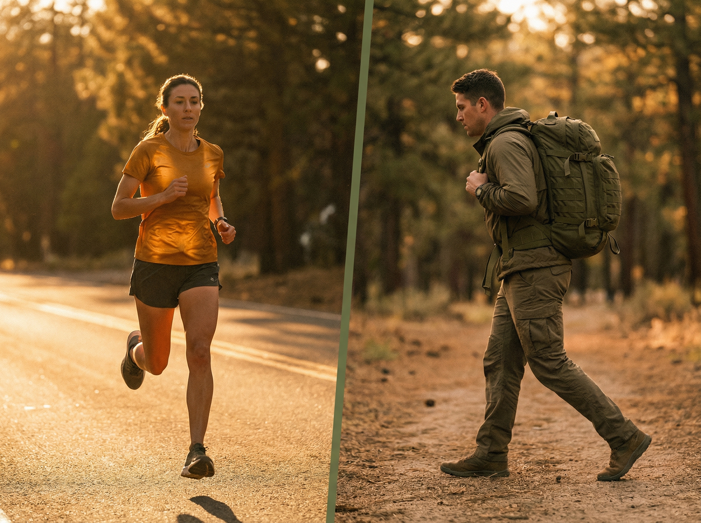 Split composition showing a runner on asphalt and a rucker on a trail at golden hour