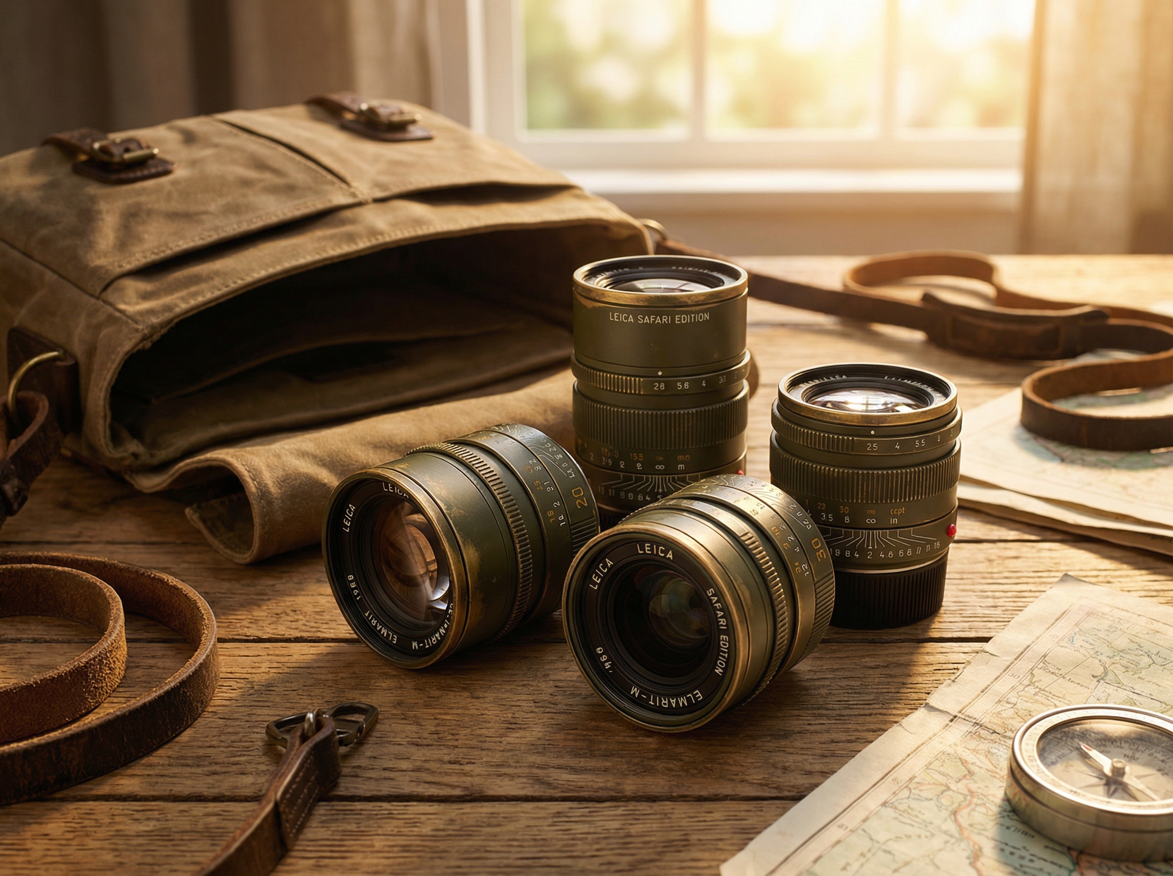 Four Leica Safari edition lenses in olive green military finish with beautiful patina