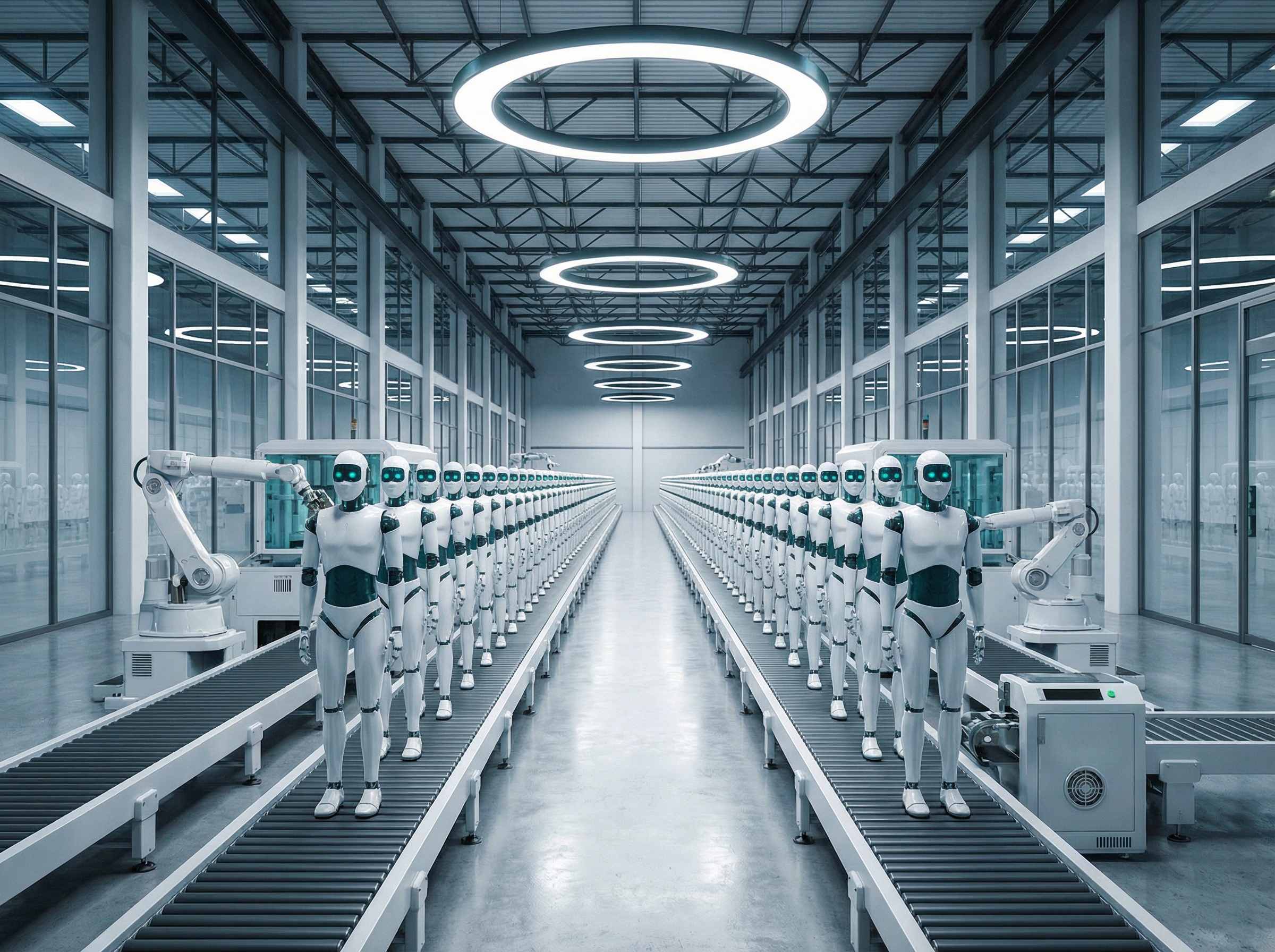 Two diverging roads splitting from one, the left descending into fog with generic code symbols, the right ascending into gleaming city lights with AI motifs