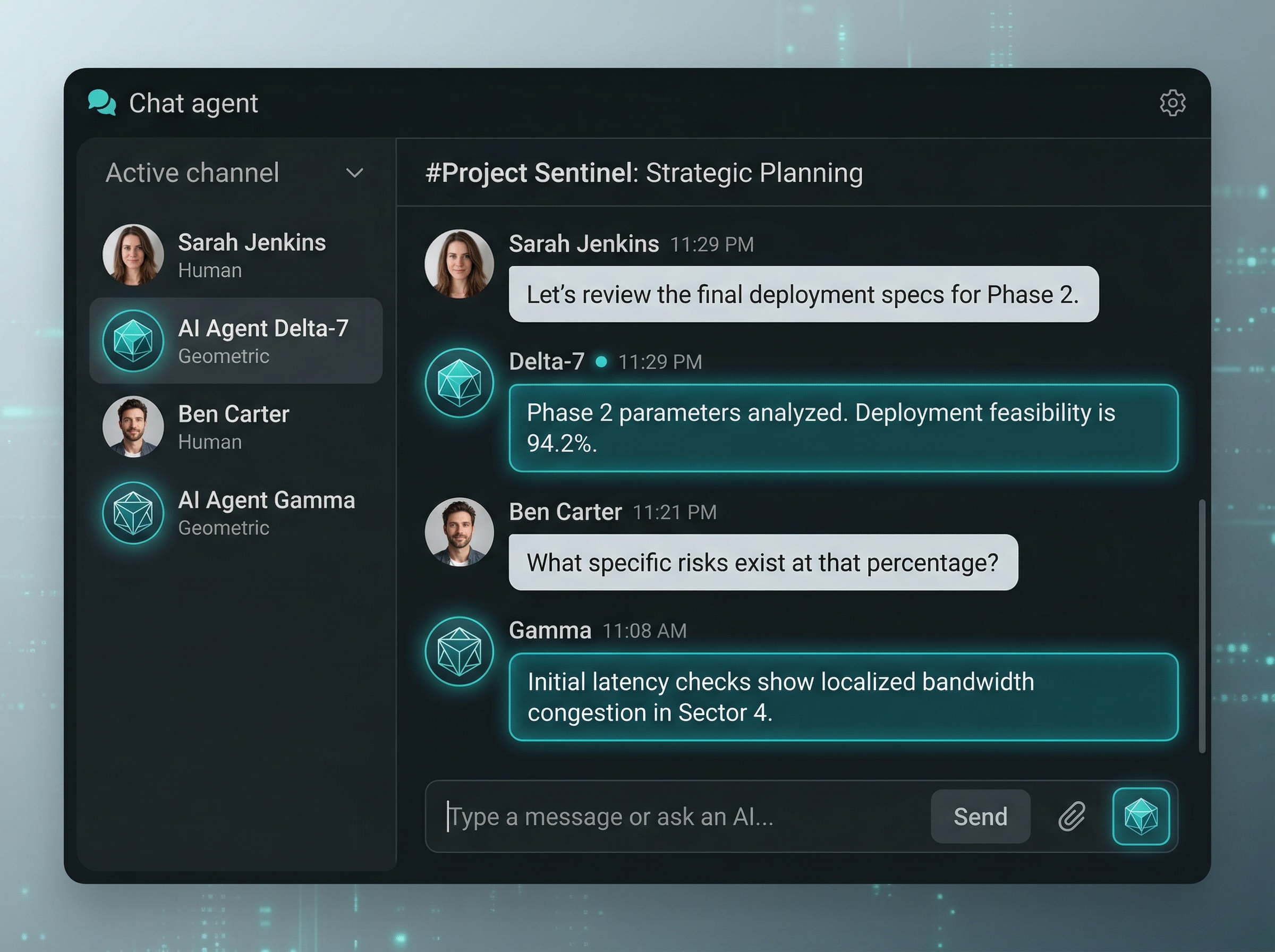 Modern chat interface where human and AI agent avatars collaborate in shared message threads
