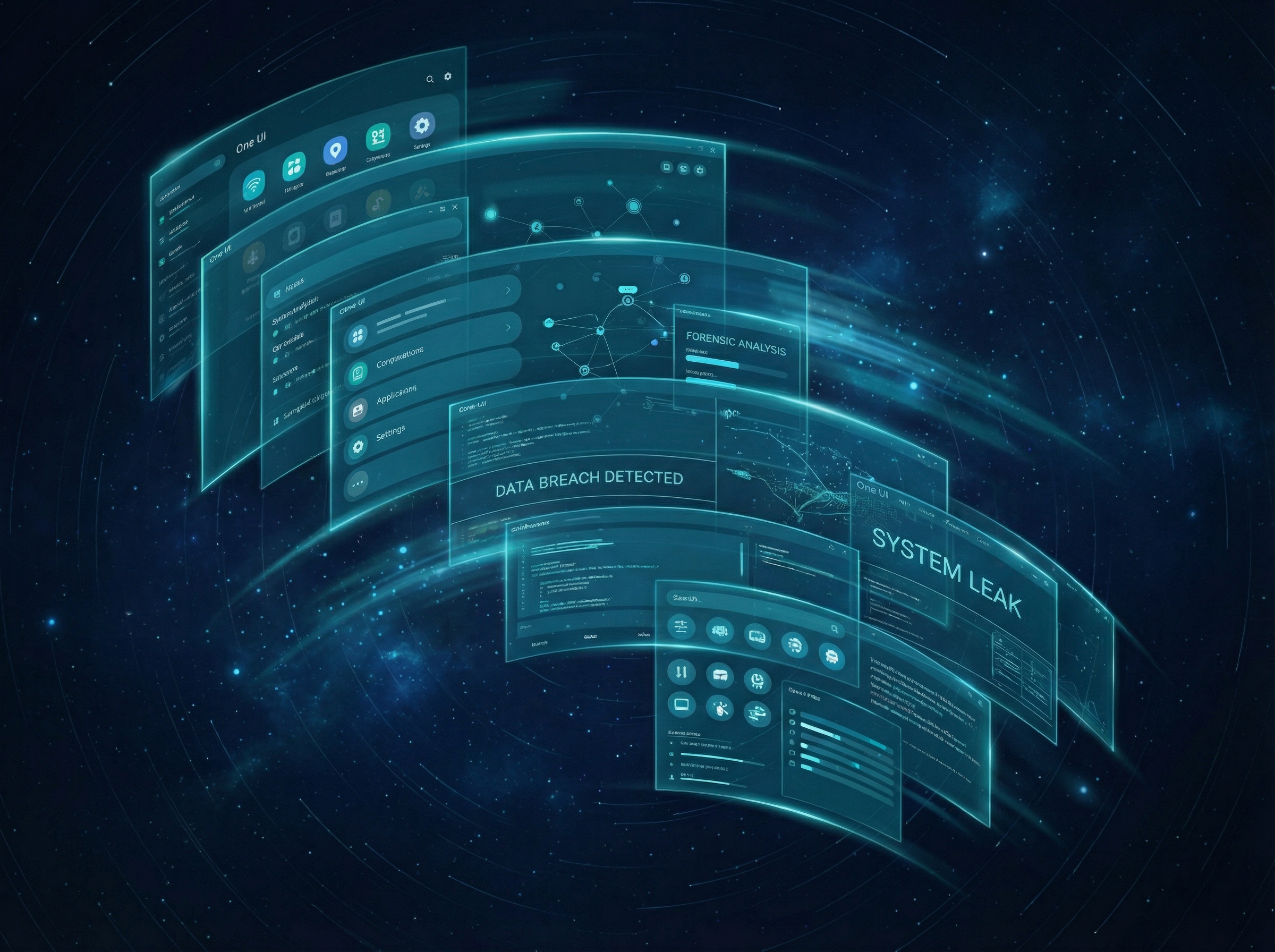 Software interface elements floating in a holographic teal display