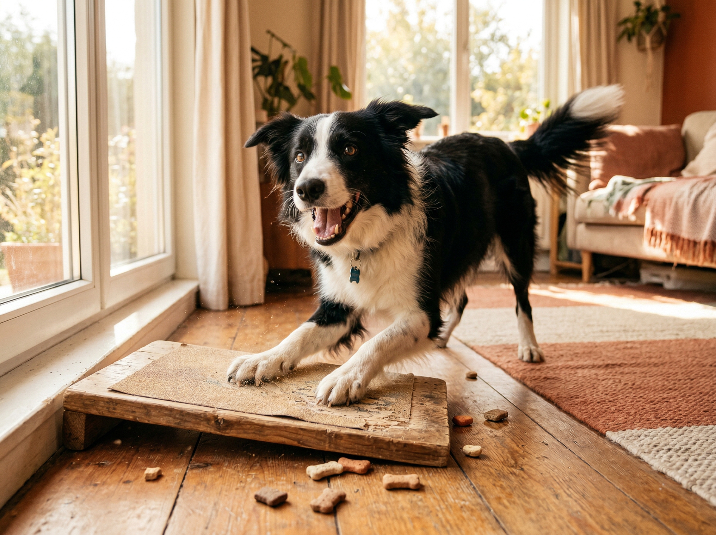 A happy dog enthusiastically scratching at a sandpaper-covered scratch board with treats nearby