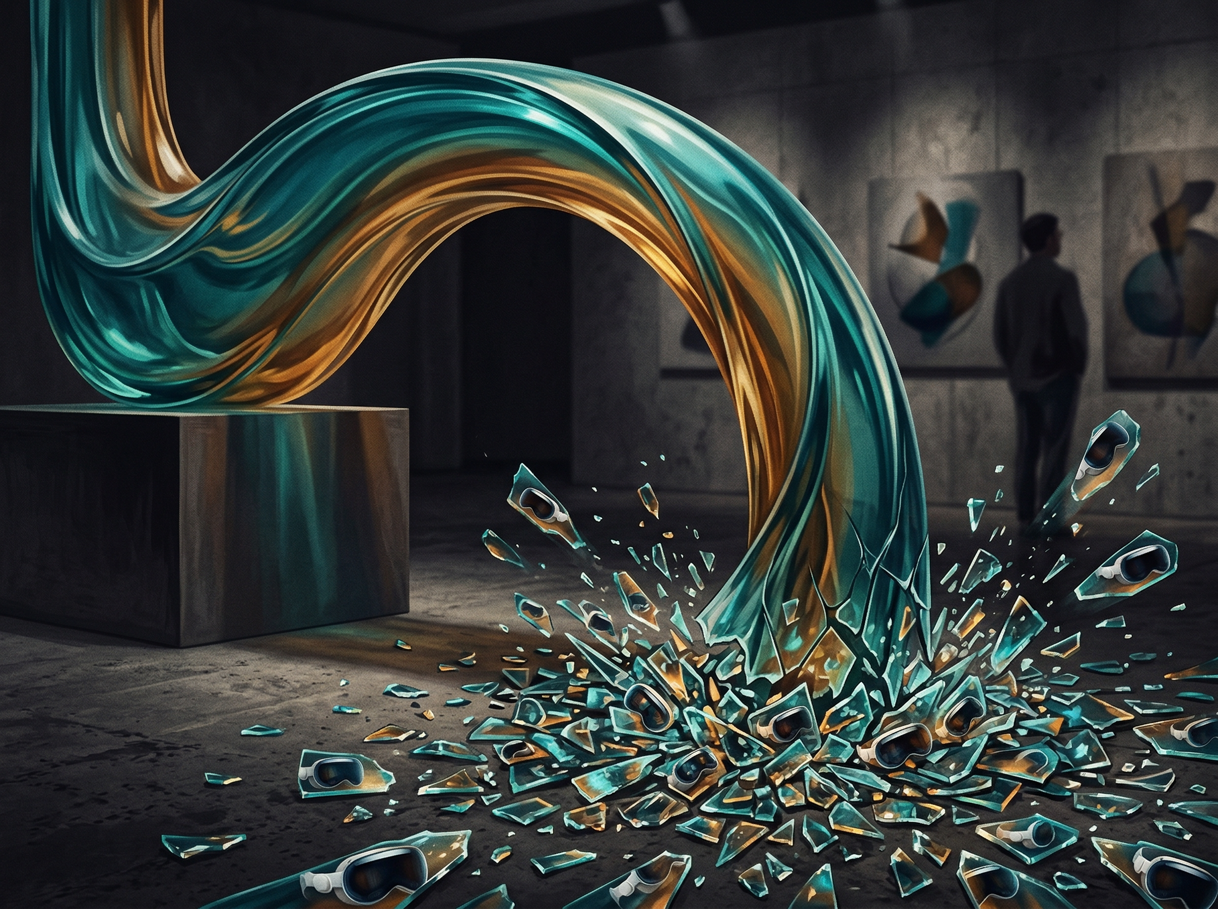 Abstract glass sculpture of a downward curve shattering at the bottom, fragments reflecting tiny Vision Pro headsets