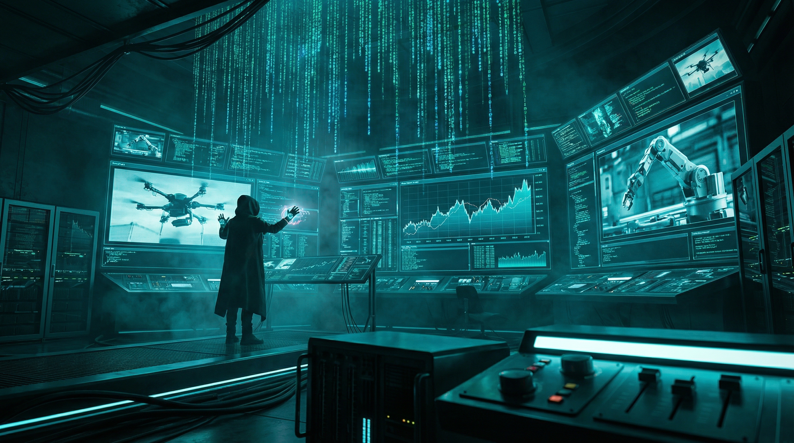 Abstract visualization of a software update transforming a machine with streams of code