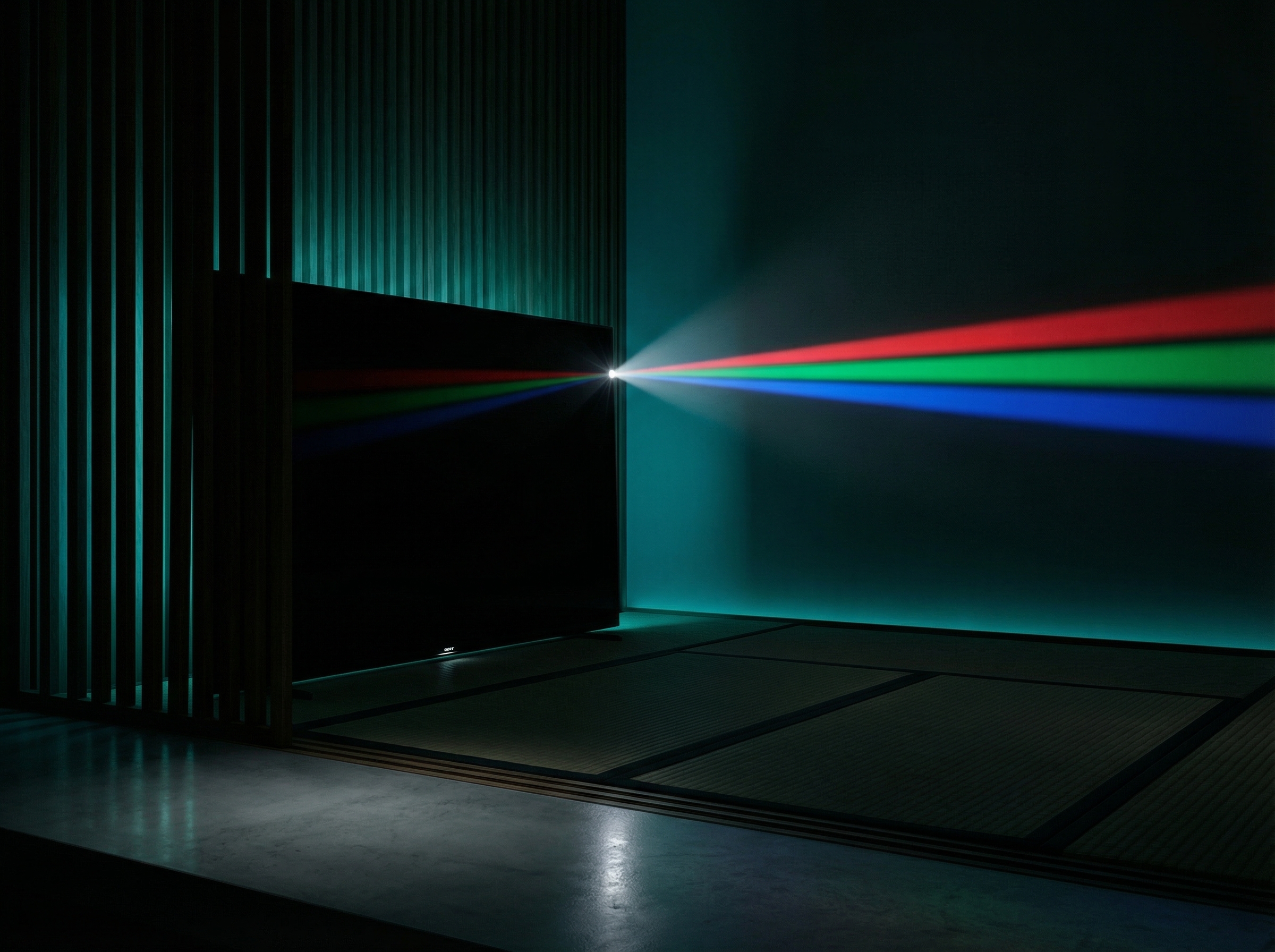 A mysterious premium television in shadow with a beam of perfectly calibrated RGB light emerging from its surface