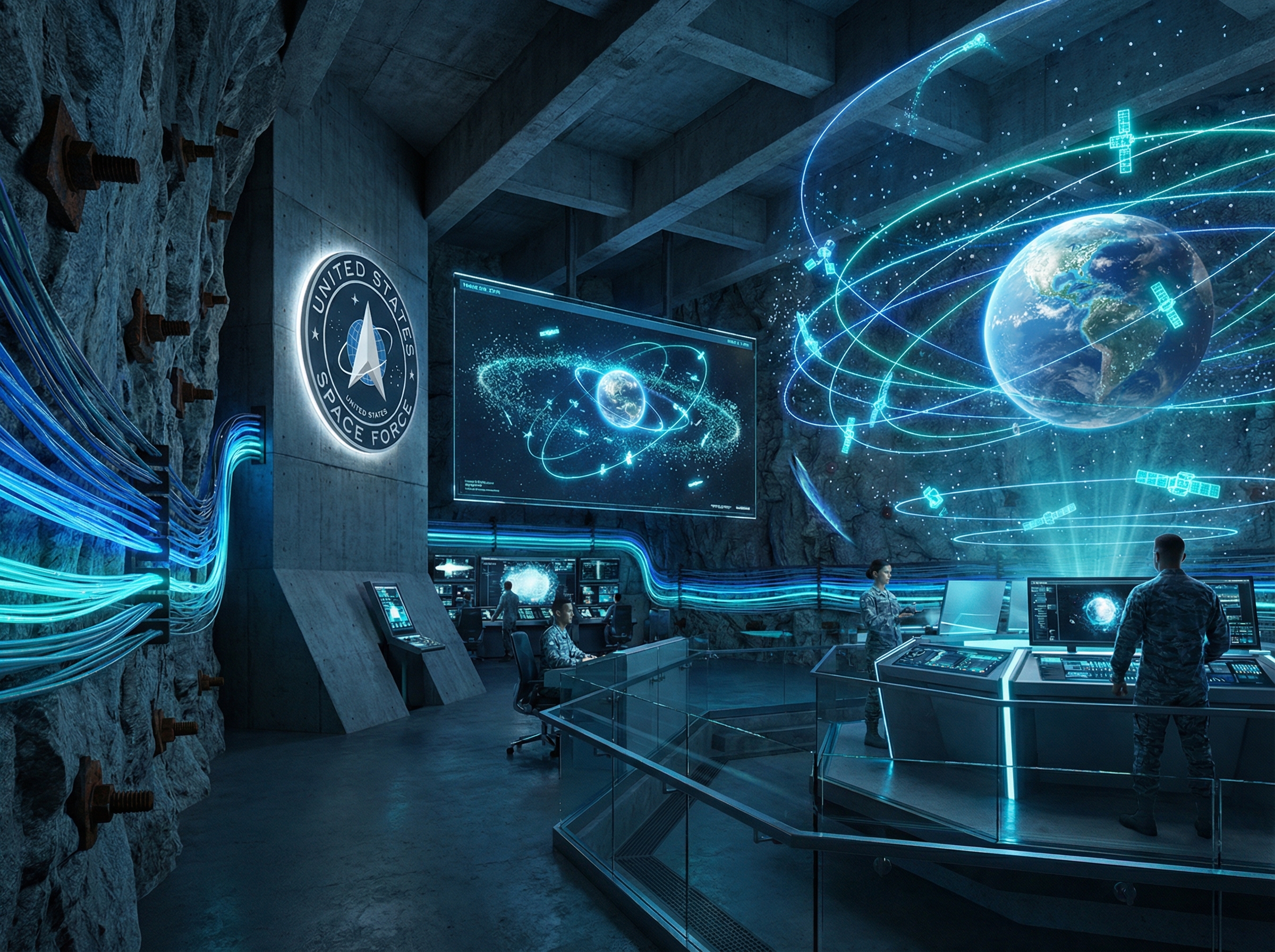 Modern command displays inside the granite cavern, blending Cold War architecture with 21st-century technology