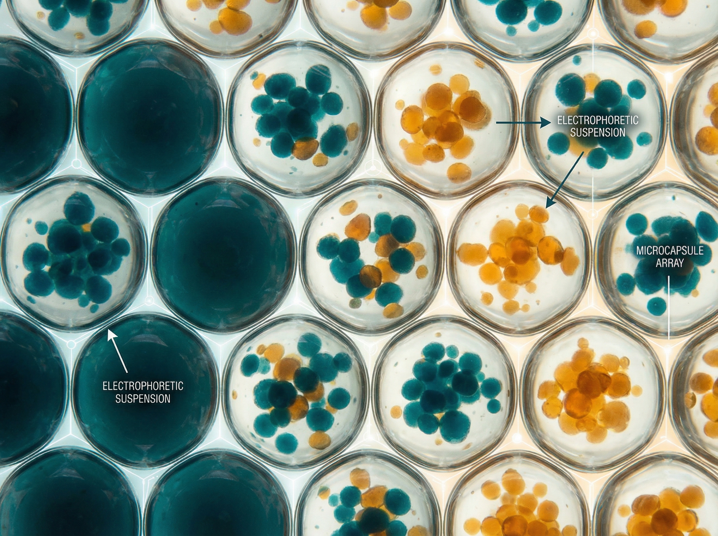 Extreme close-up of e-ink microcapsules in a hexagonal grid showing vivid colored pigment particles