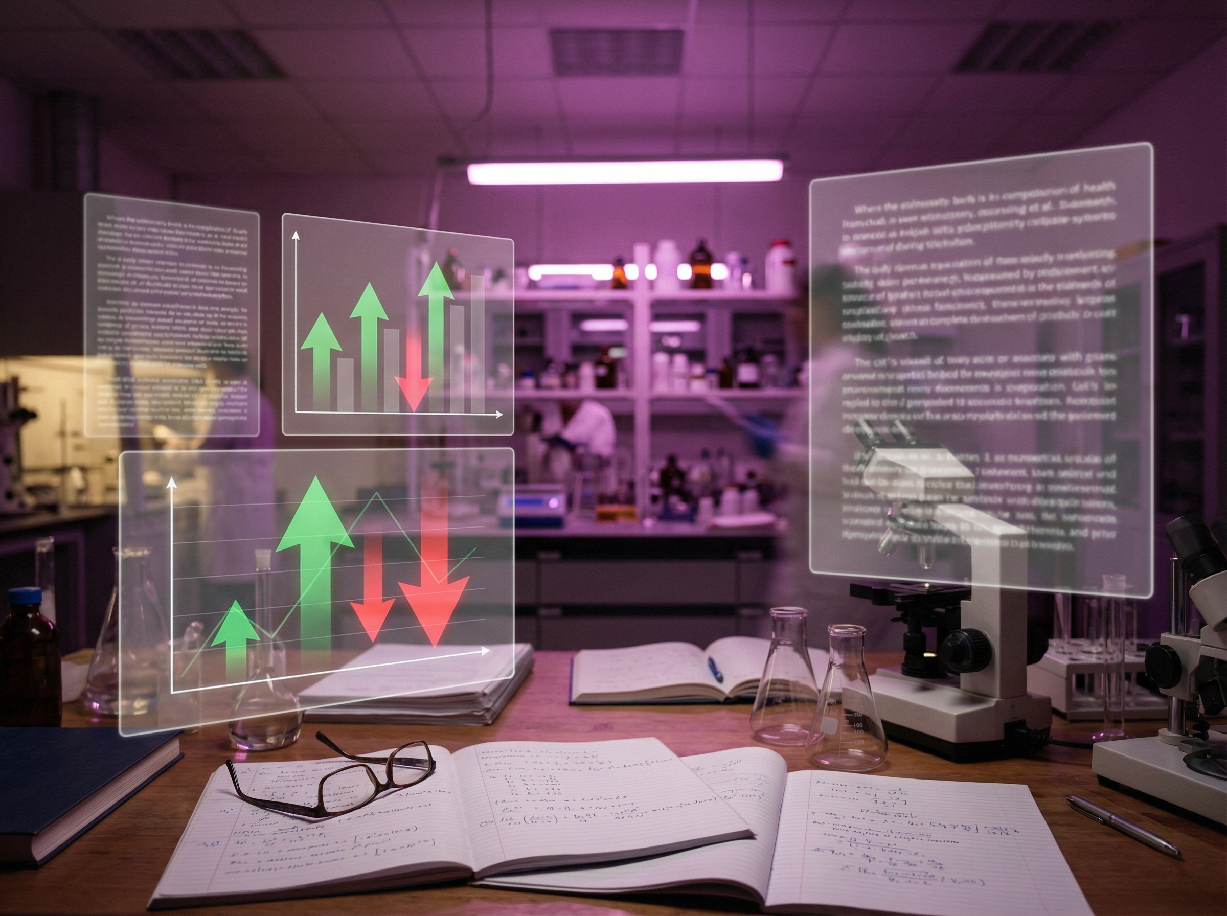 Laboratory setting with data charts showing contrasting upward and downward arrows in amethyst lighting