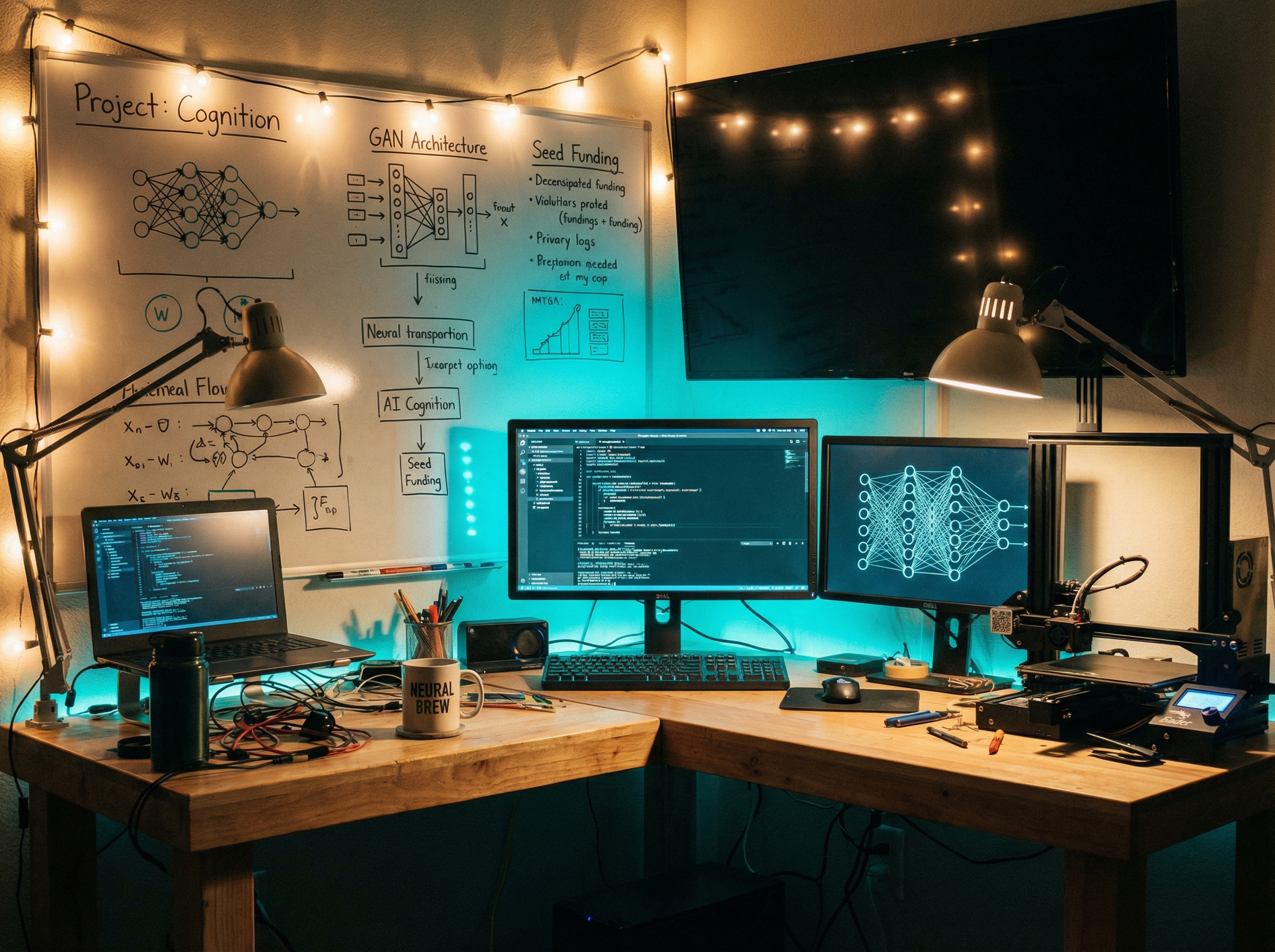 Home garage converted into mini AI lab with compact workstation glowing teal on workbench