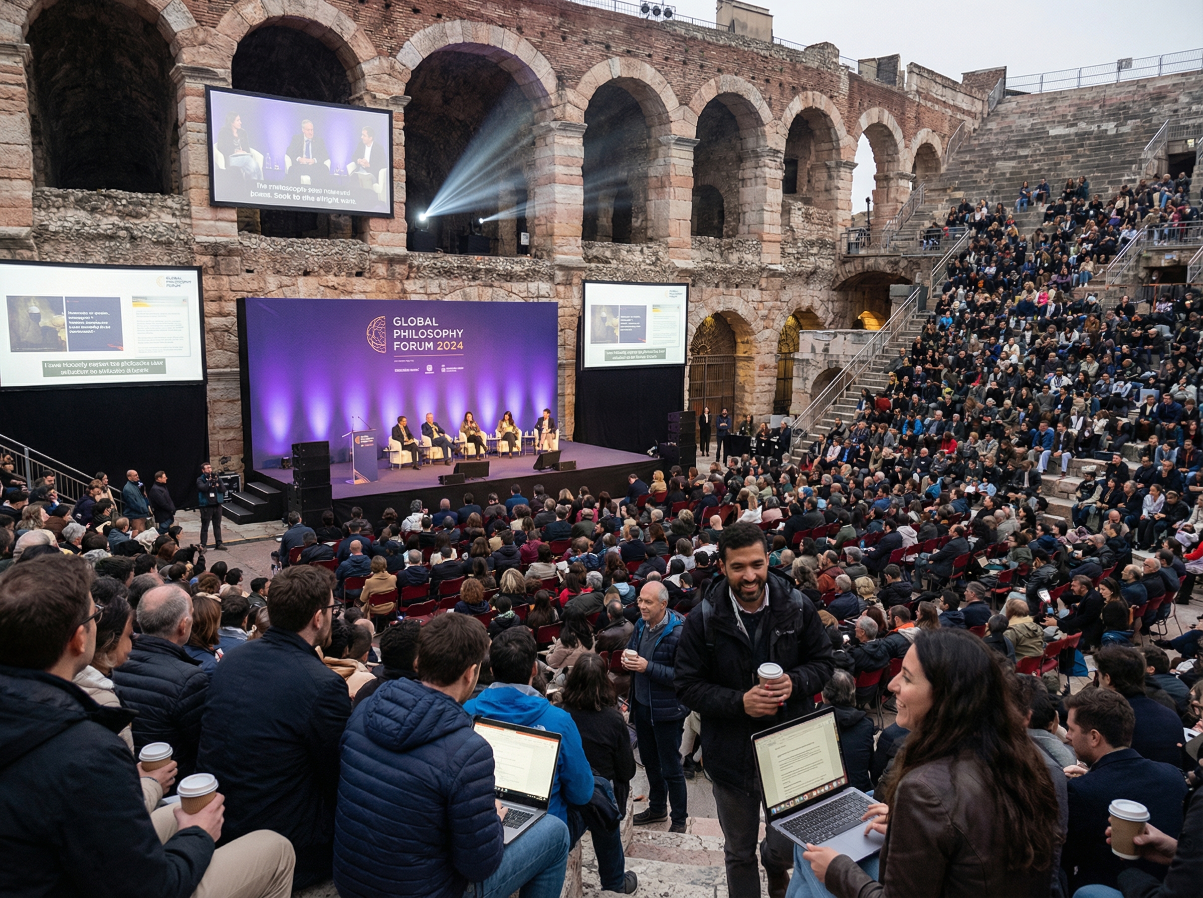 Amphitheater filled with modern attendees at a philosophy conference, ancient Roman architecture blending with modern screens