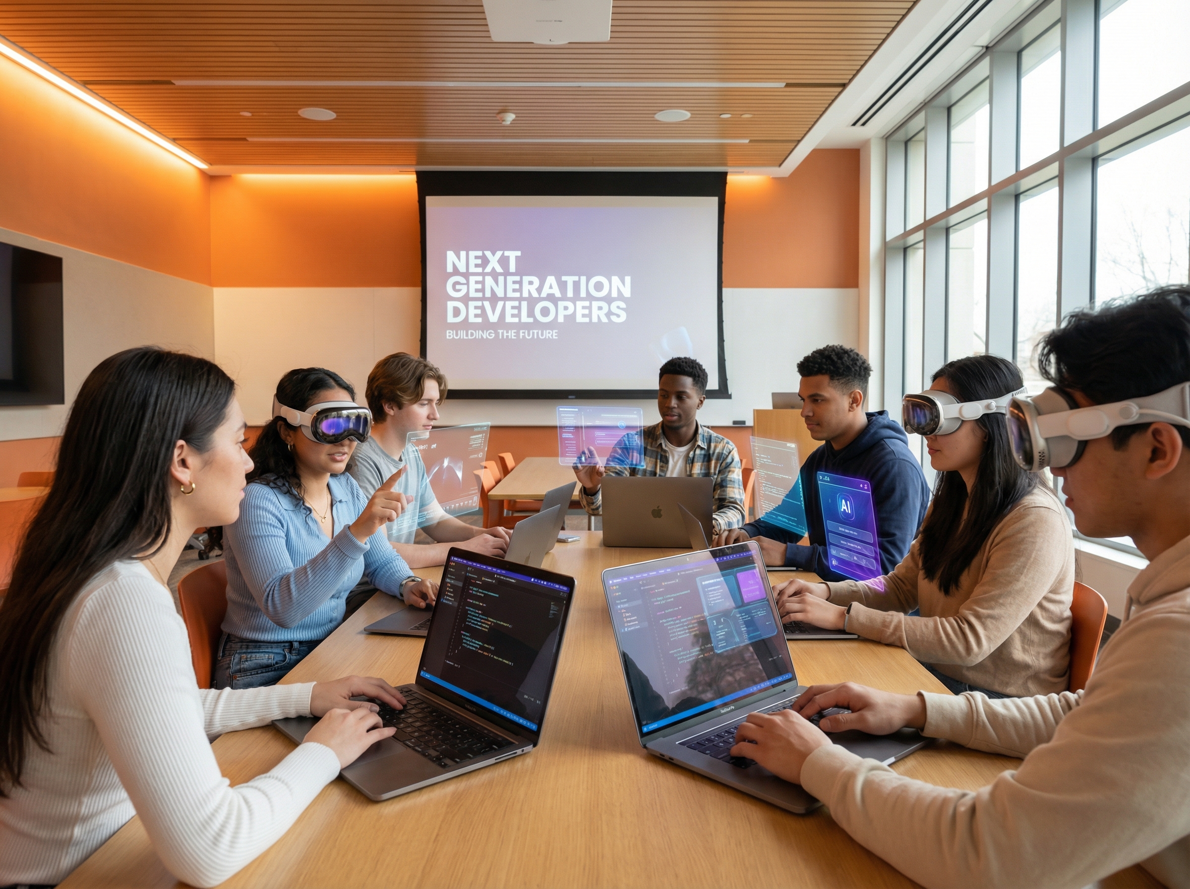 Young students coding with Swift on MacBooks, spatial computing and AI elements around them