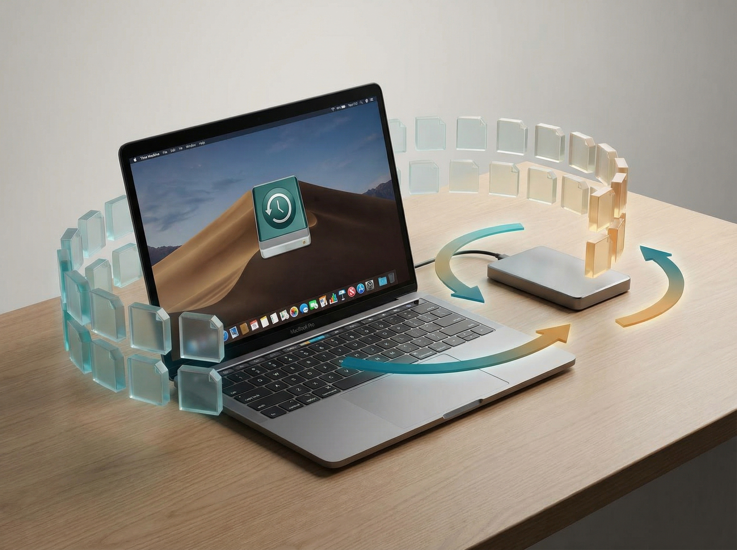 MacBook with APFS file system blocks floating around an external backup drive