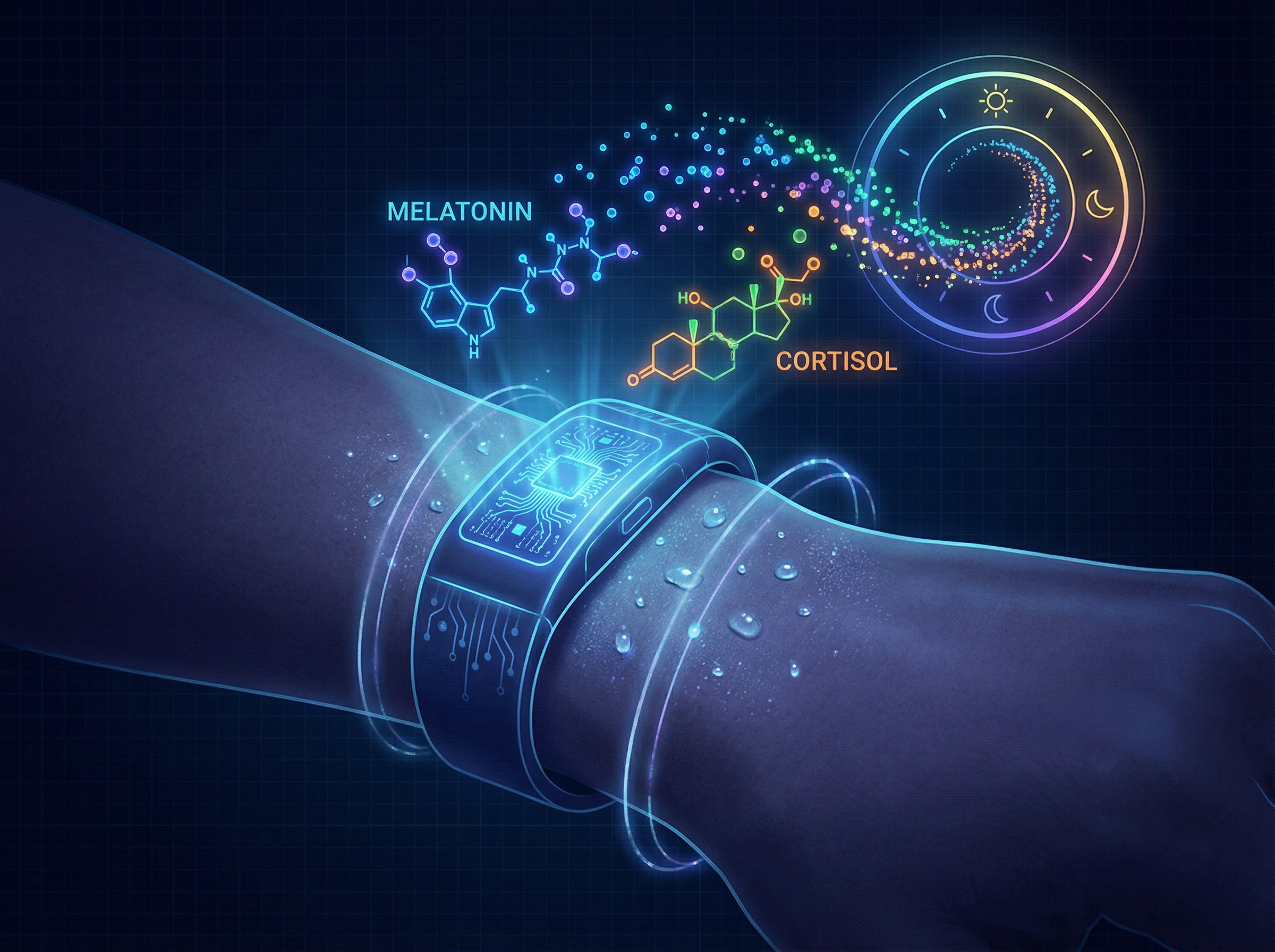 Wearable sensor band on wrist analyzing sweat, melatonin and cortisol molecules floating upward