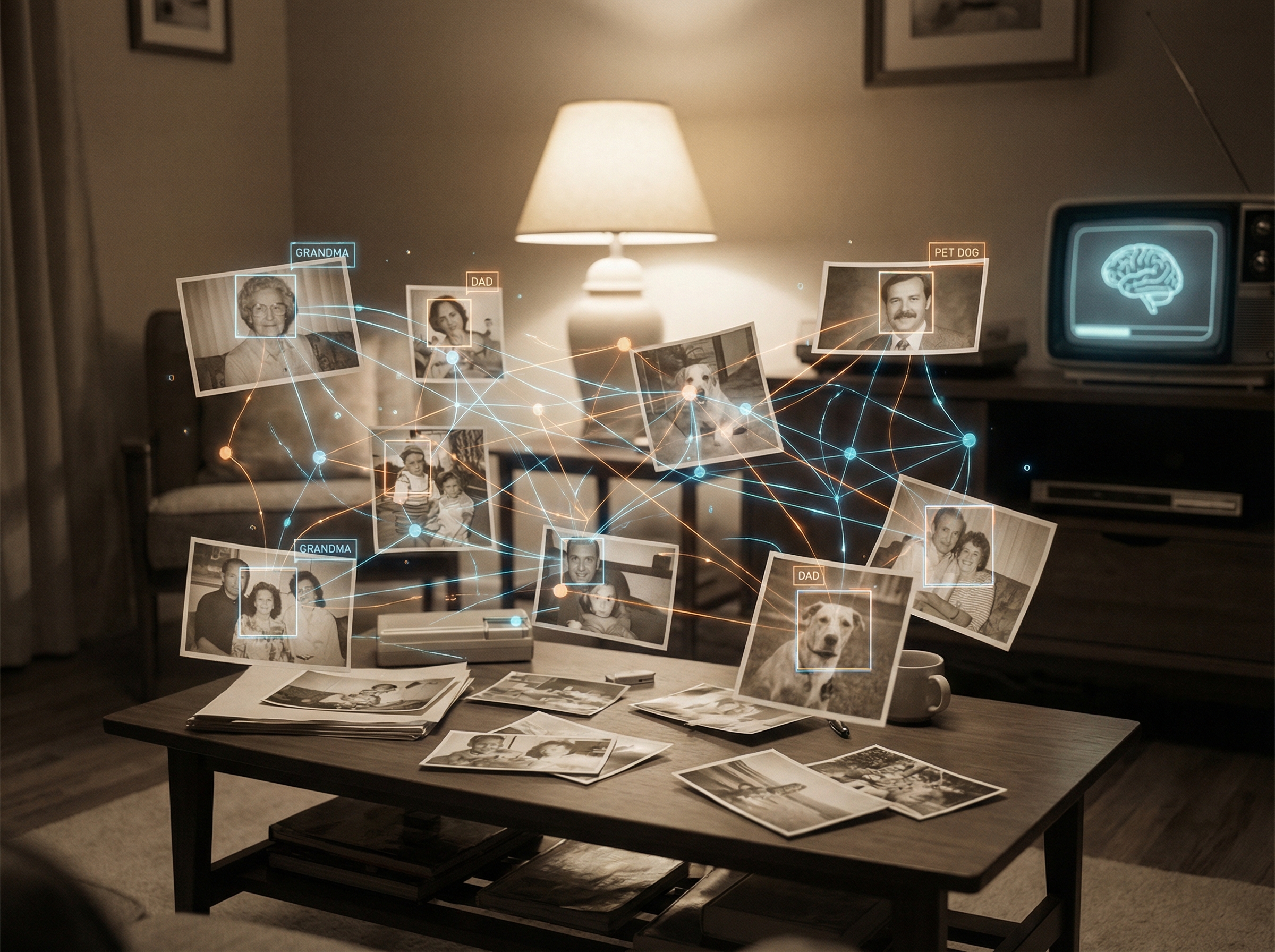 Photos organizing themselves with AI visualization overlay