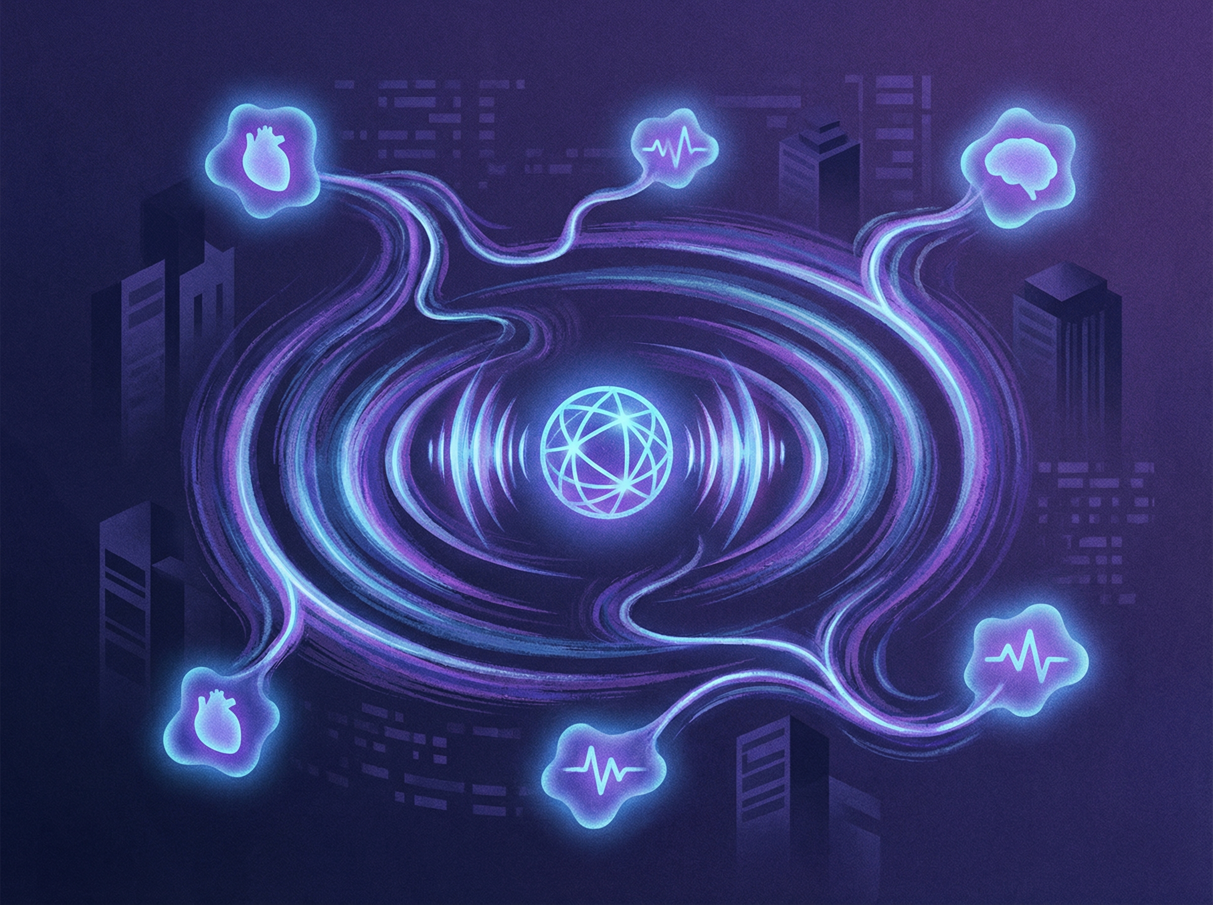 Abstract visualization of AI-calibrated persuasion waves reaching emotional targets