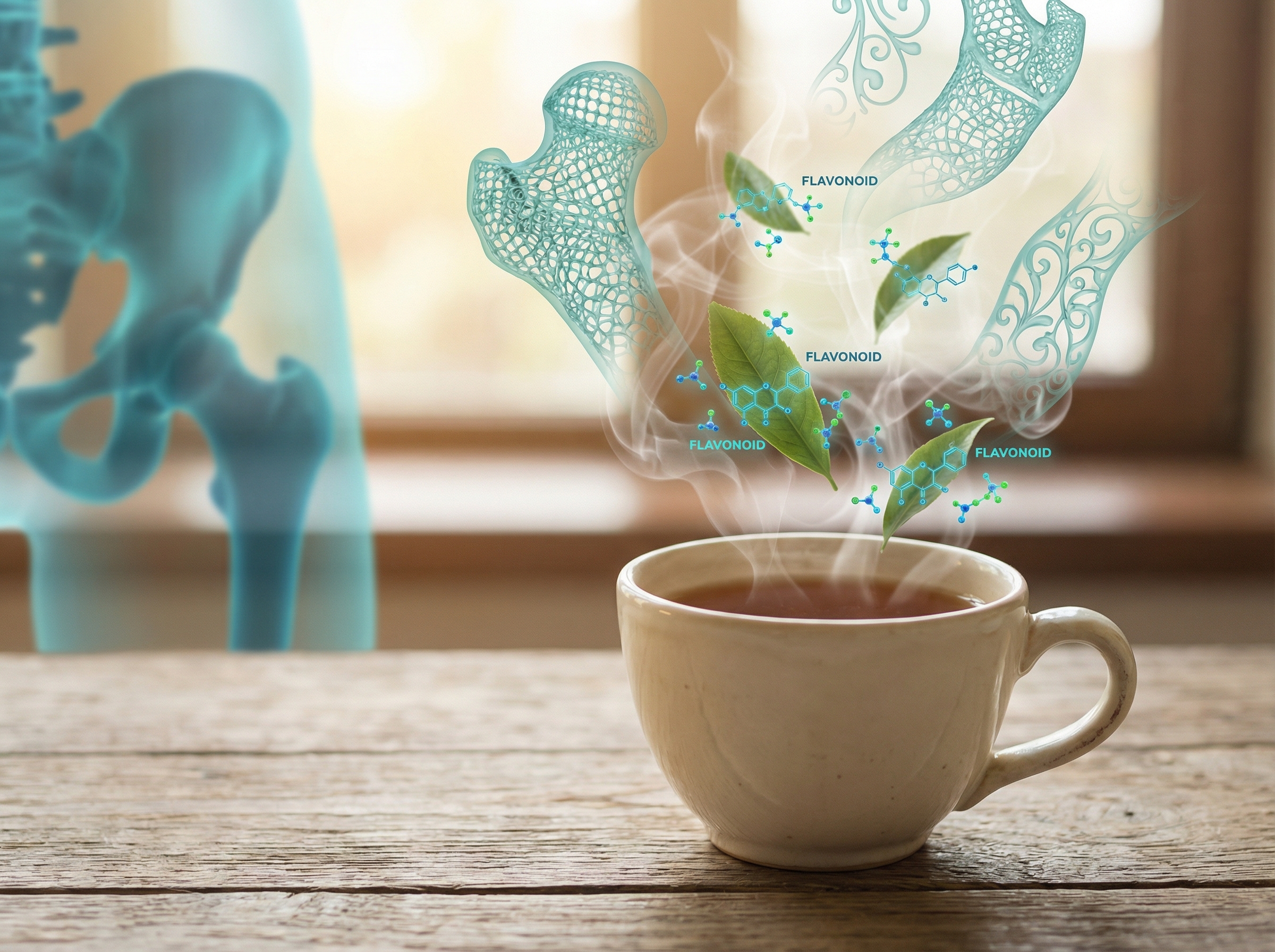 Elegant ceramic teacup with steam transforming into bone lattice patterns