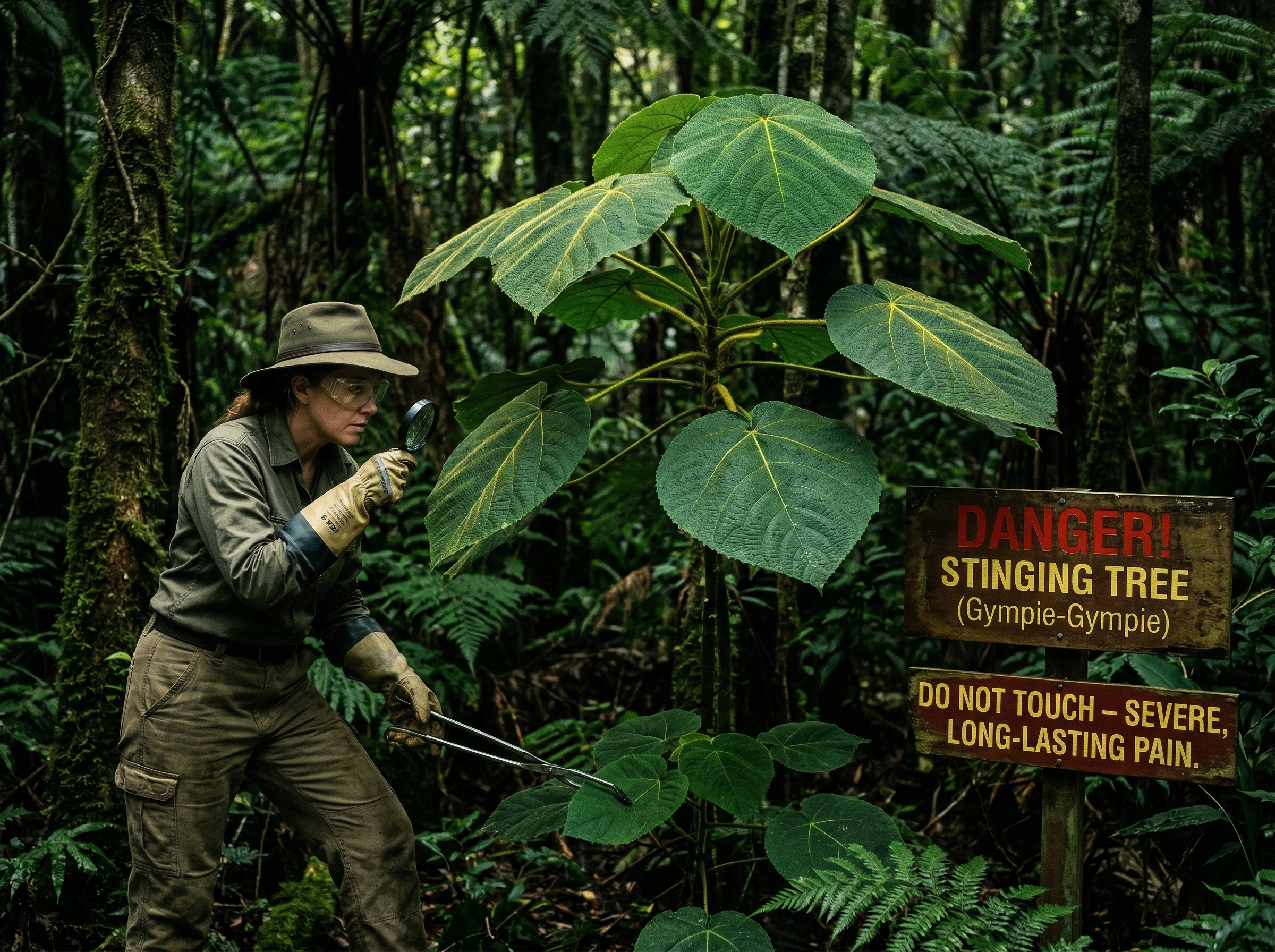The Australian Gympie-Gympie stinging tree with toxic hairs covering its heart-shaped leaves, in a rainforest setting