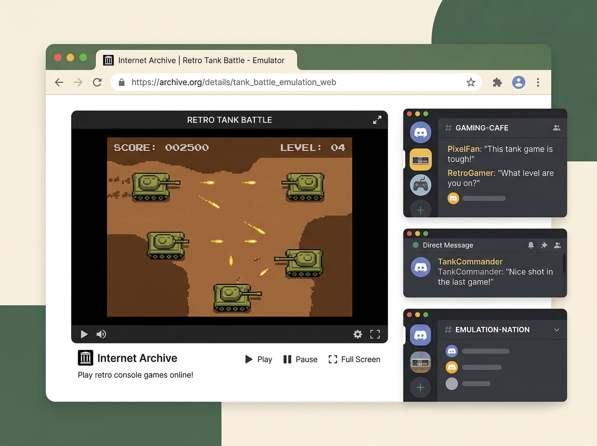 A modern browser window showing Bolo running via web emulation on the Internet Archive, with Discord chat windows alongside