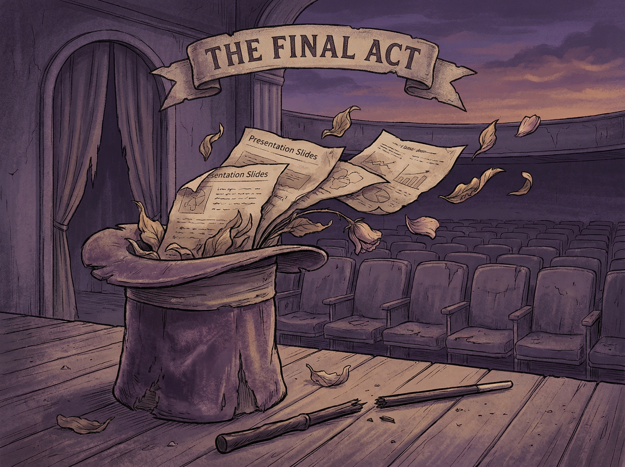 Crumbling magic hat with wilted presentation slides spilling out, abandoned stage, twilight violet tones
