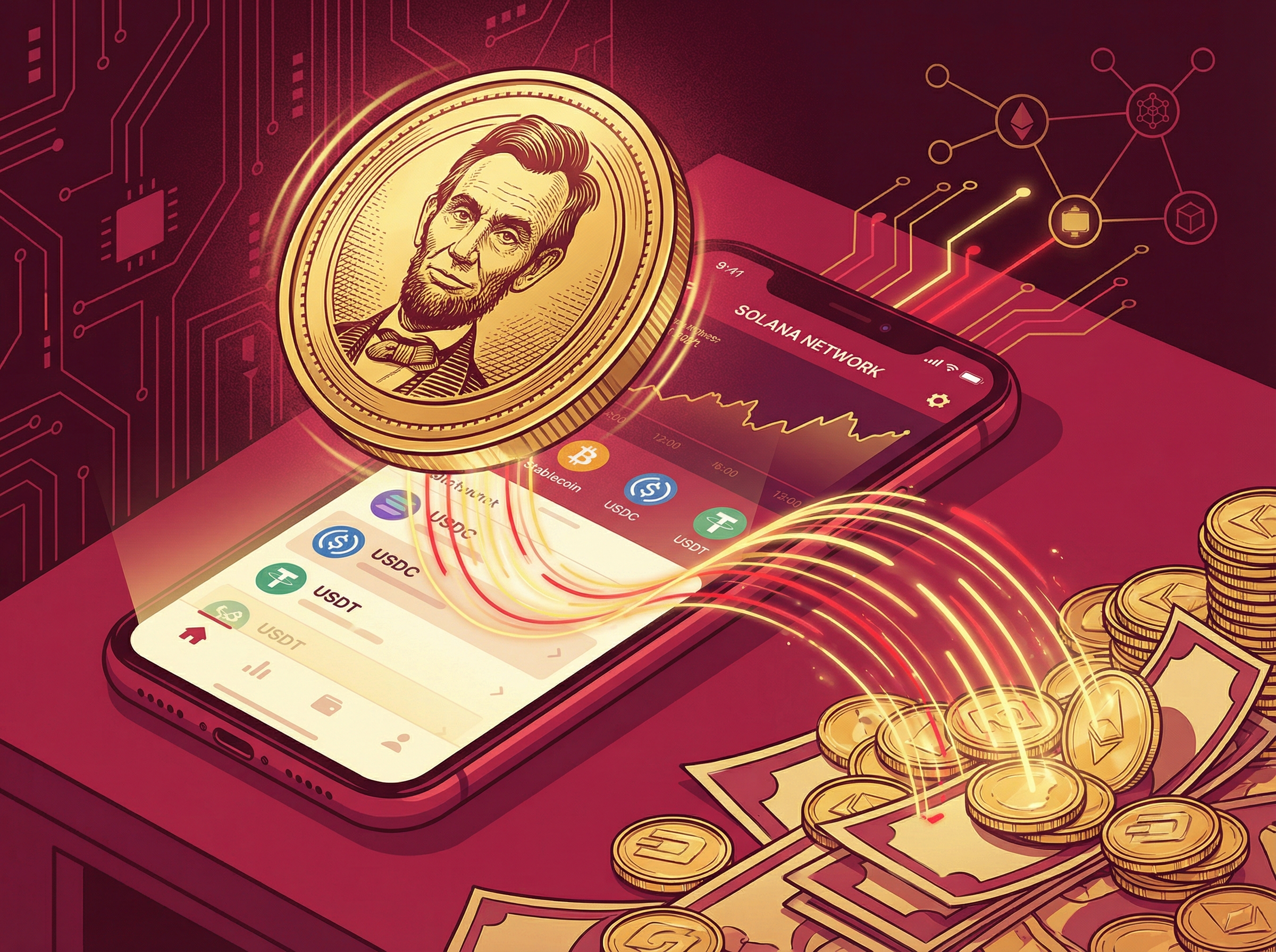 Golden meme coin with presidential portrait above smartphone showing crypto wallet
