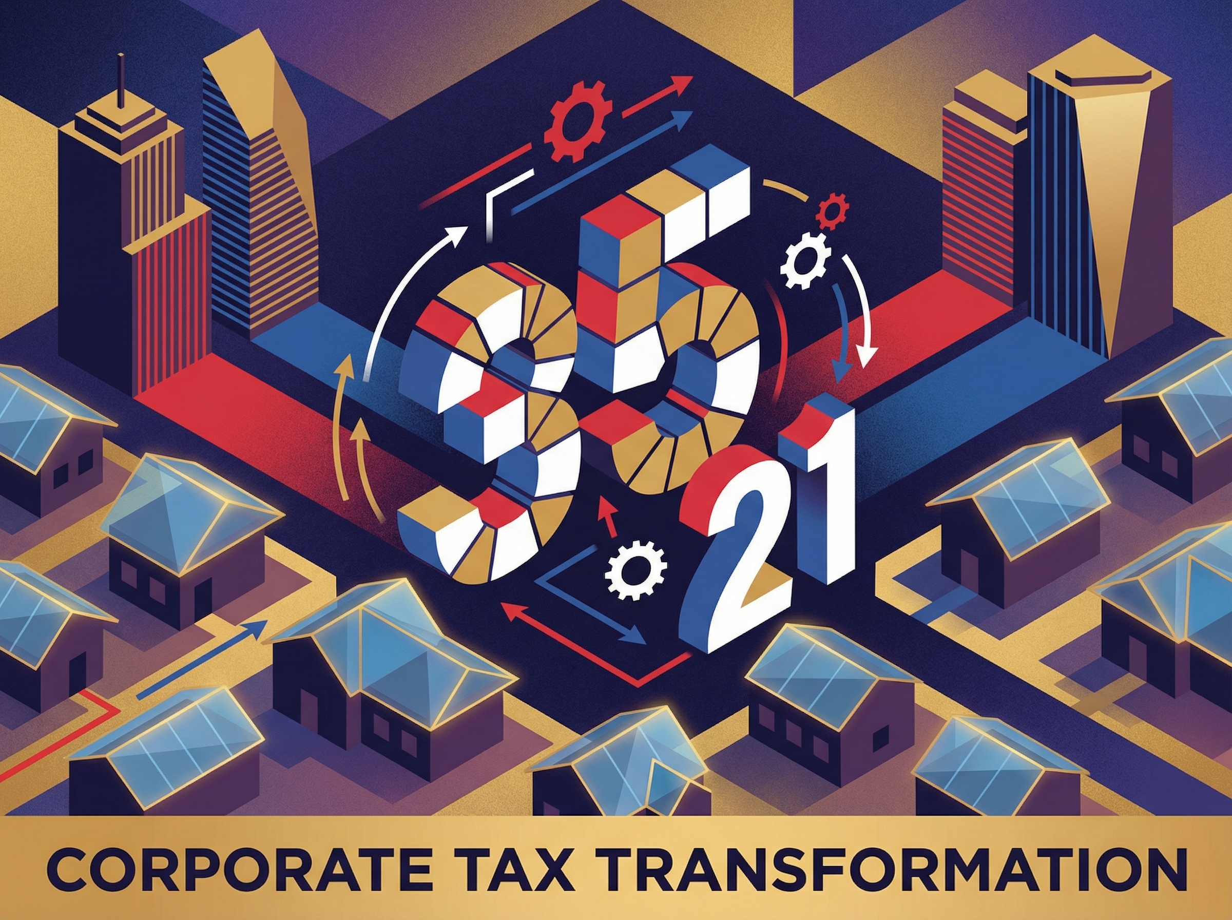 Bold geometric visualization of corporate tax transformation, 35 morphing into 21