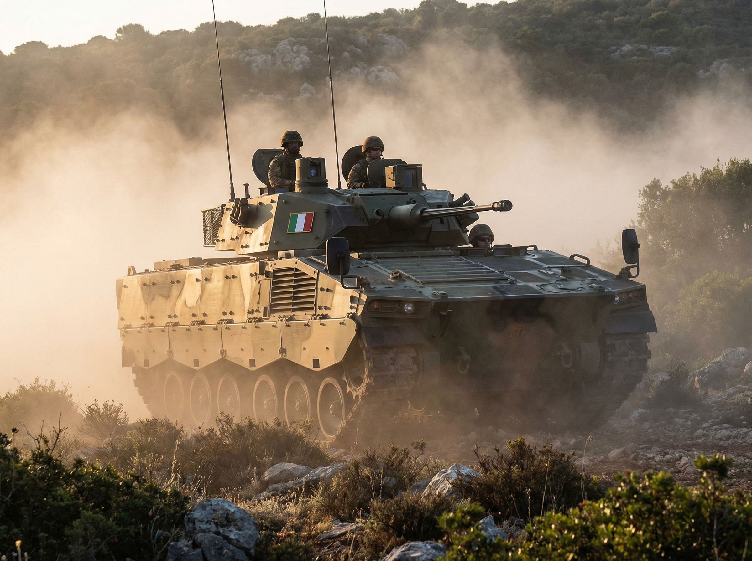 Russian tank with improvised armor cage and anti-drone mesh in muddy Ukrainian winter terrain, gritty war photojournalism style