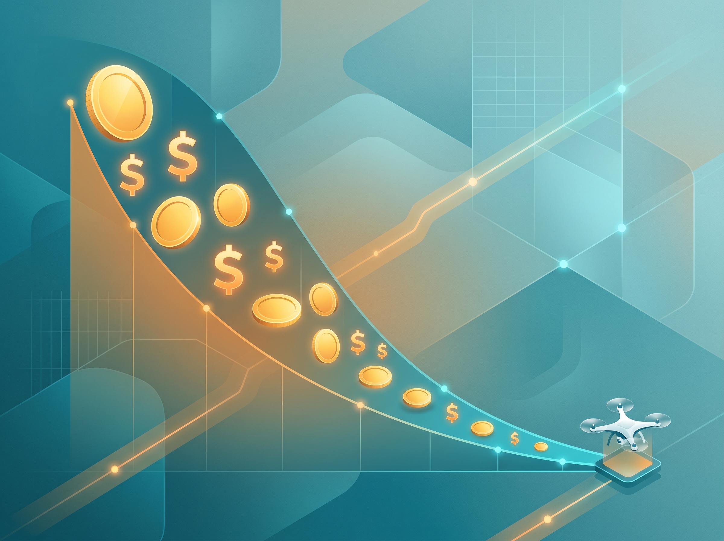 Abstract visualization of shrinking delivery costs with a small drone representing efficiency