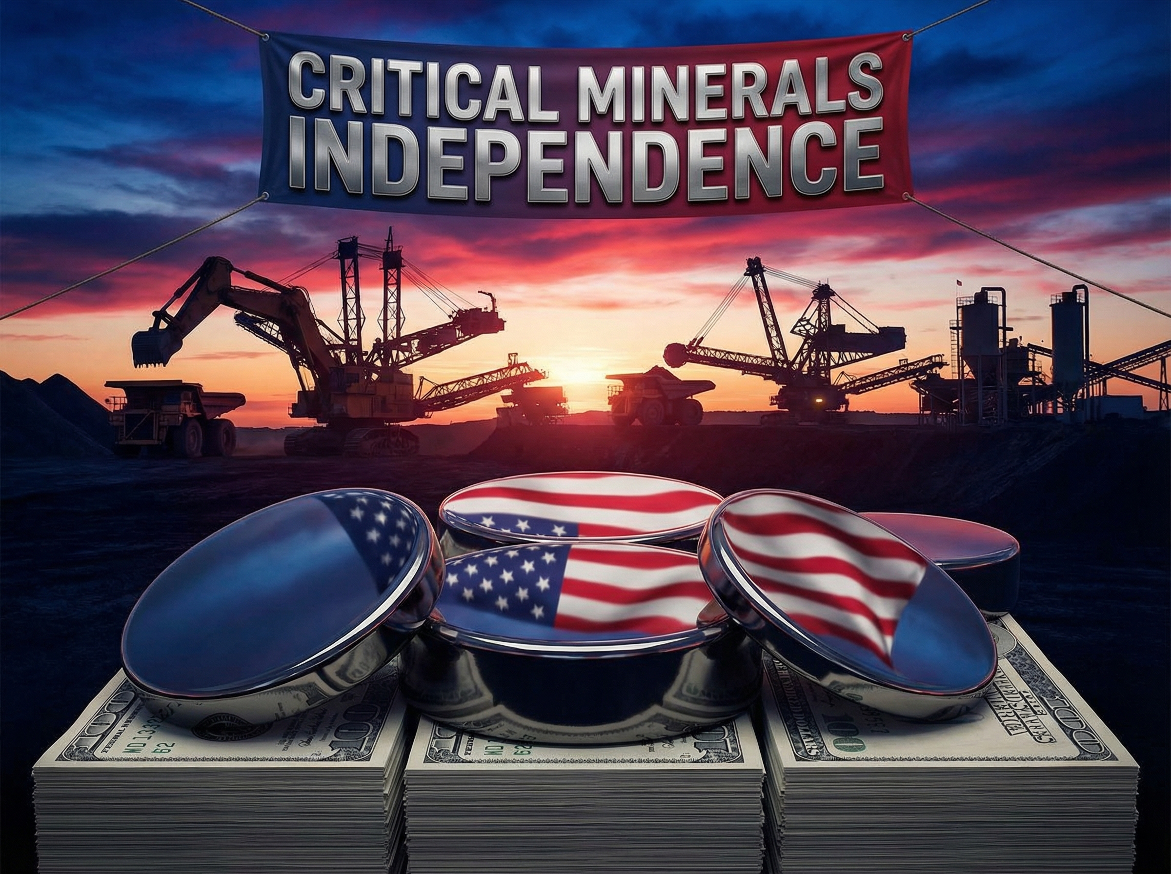 American flag reflected in rare earth magnets with mining equipment