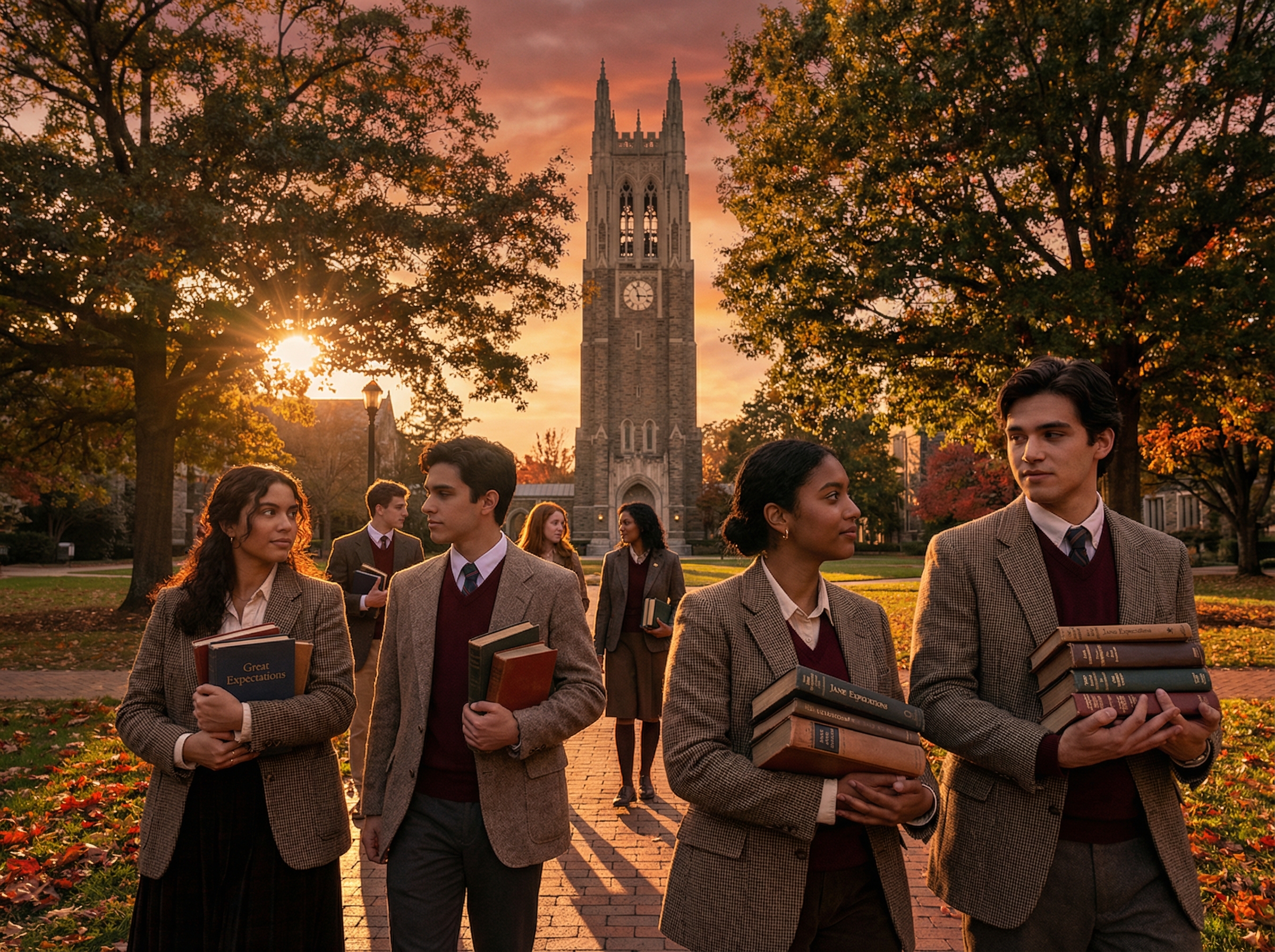University campus tower at golden hour with students carrying classic literature books