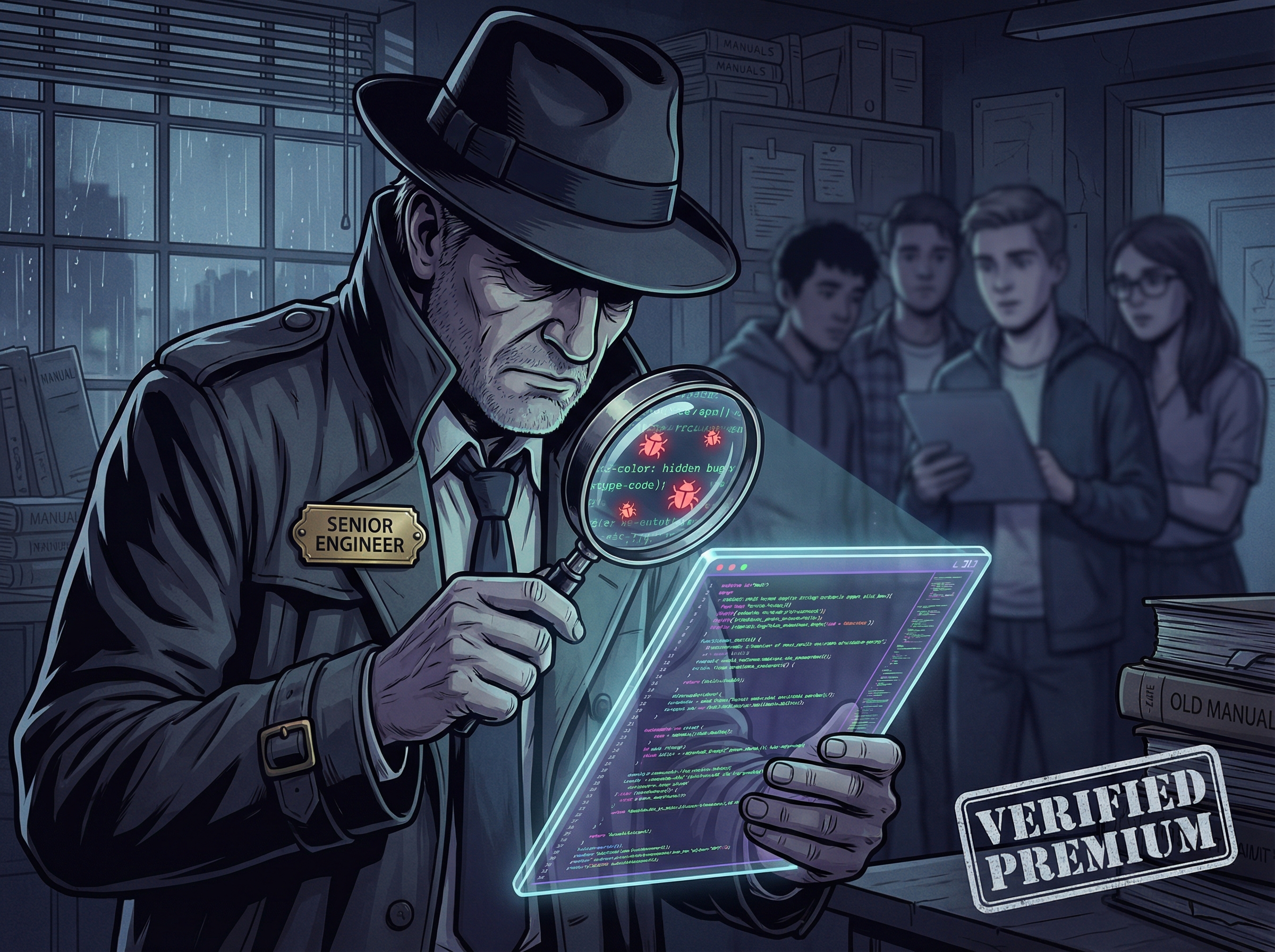 Senior engineer as detective examining code with magnifying glass