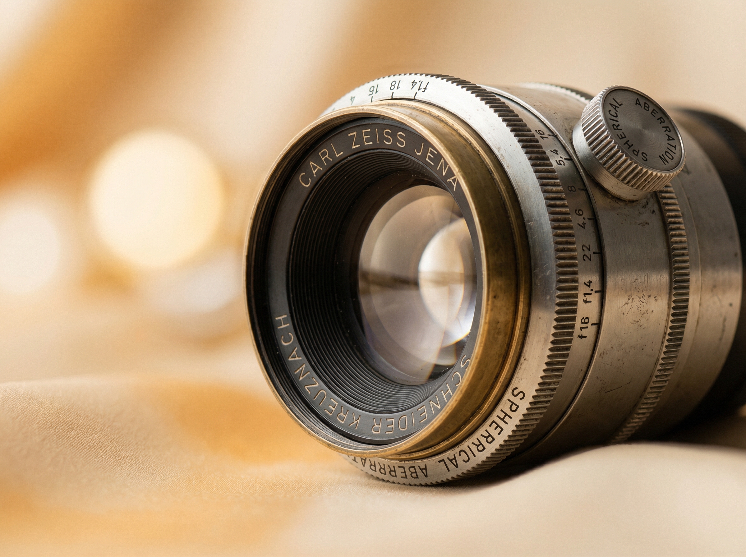 Vintage manual focus lens with aperture control ring and spherical aberration adjustment dial