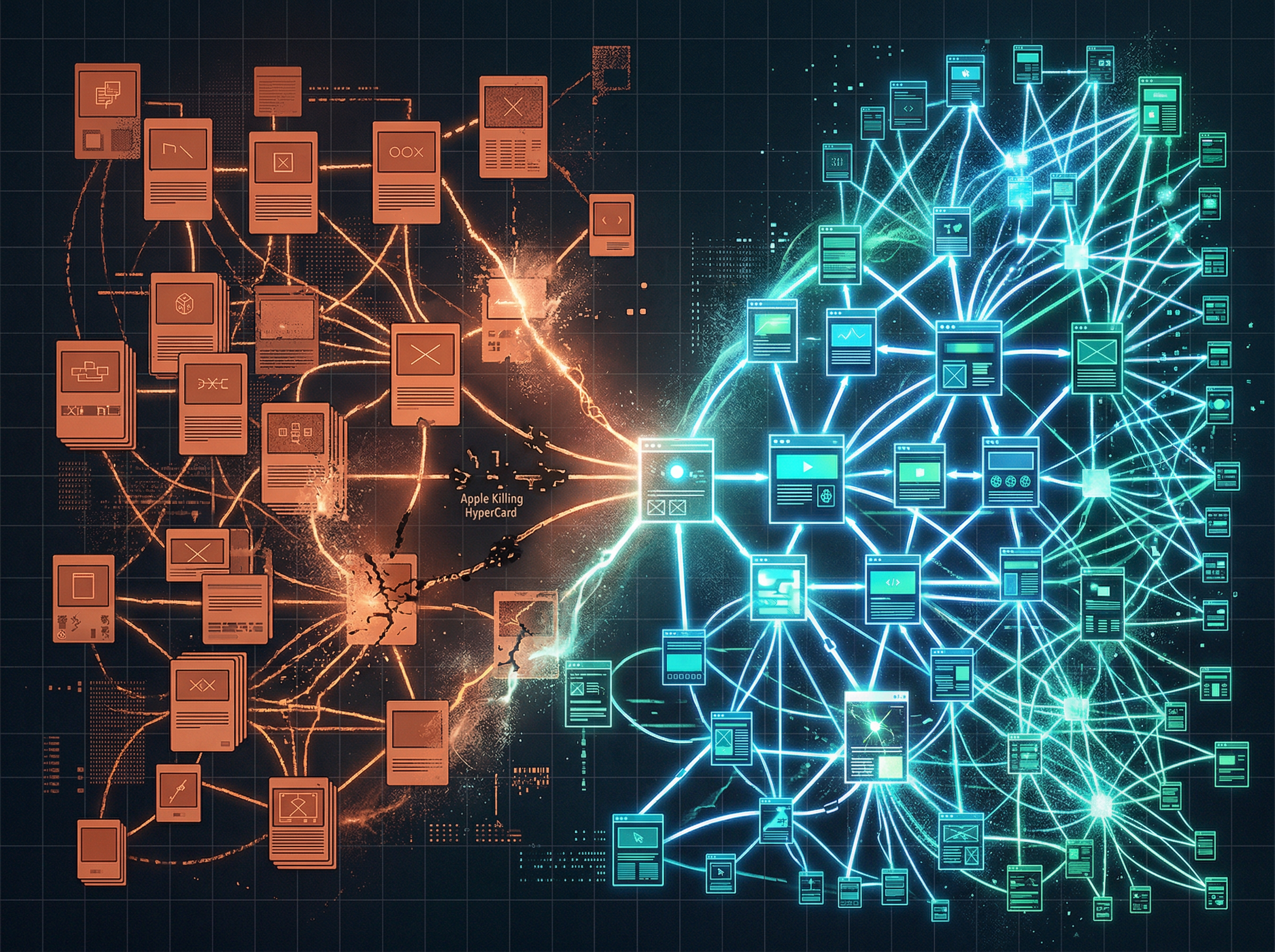 Abstract visualization of HyperCard stacks morphing into web pages connected by glowing hyperlinks, forming a network constellation
