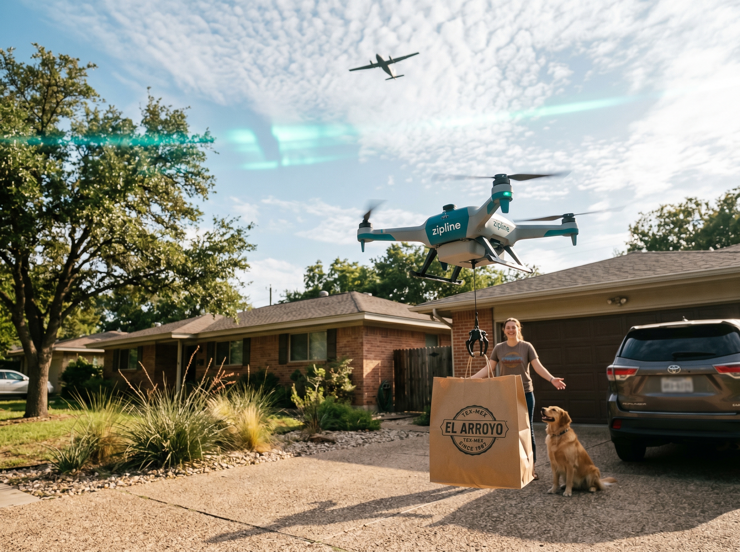 A Wing delivery drone hovering at a suburban doorstep with a pizza-sized package