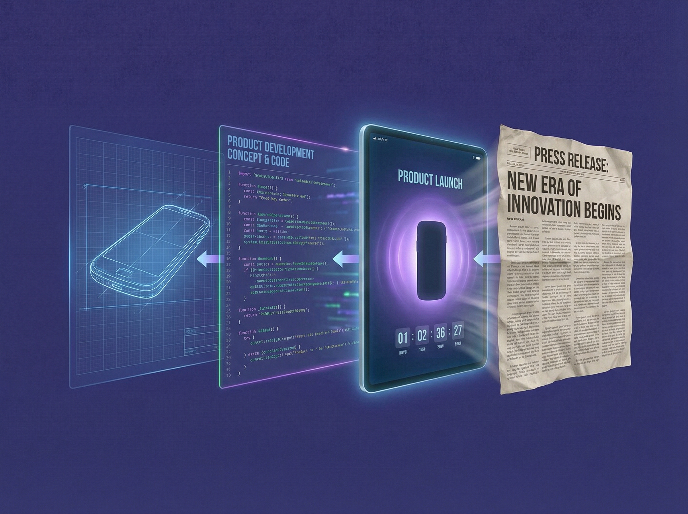 Press release document transforming into product launch