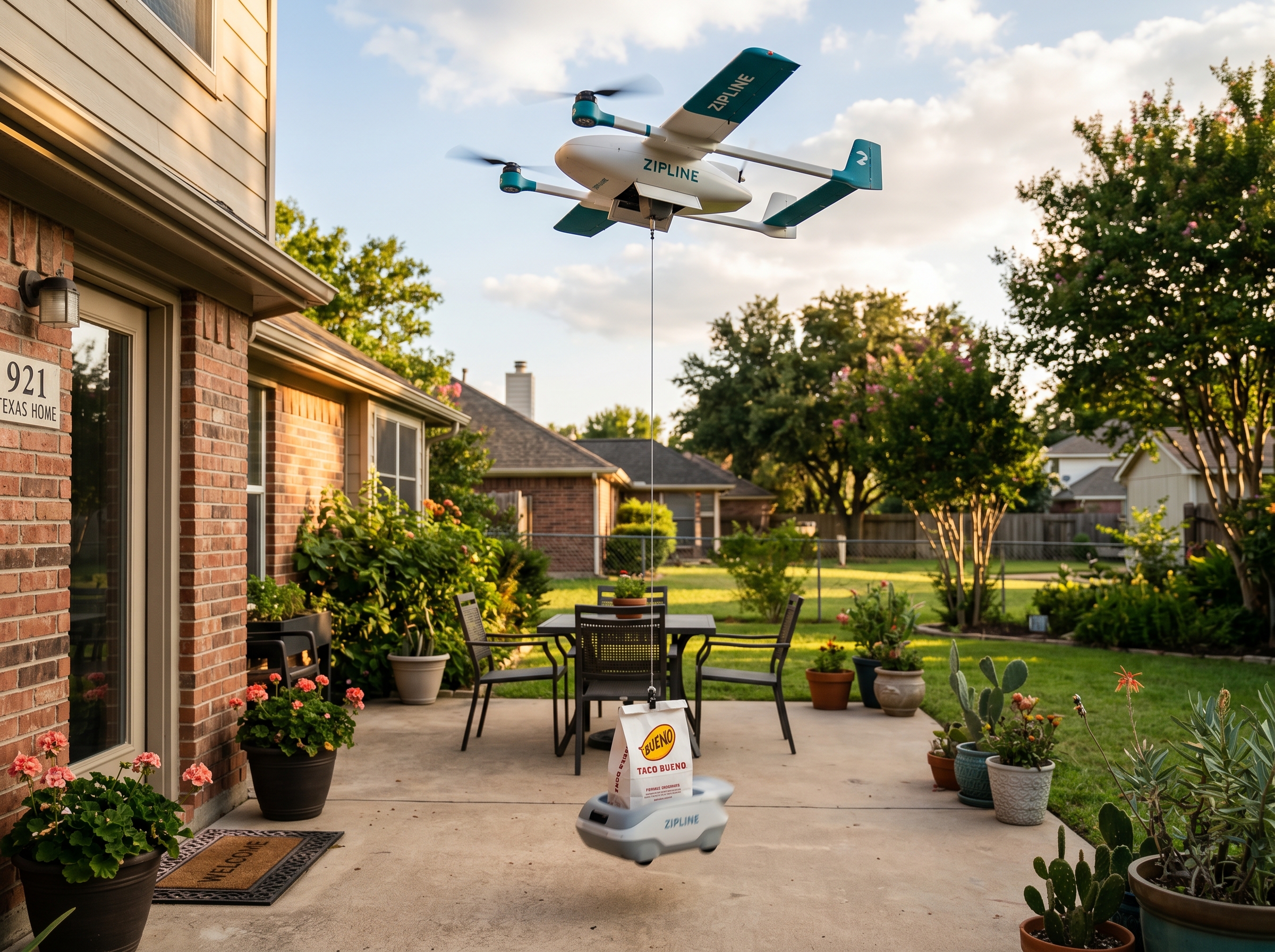 Zipline P2 drone deploying its tethered droid to a suburban patio