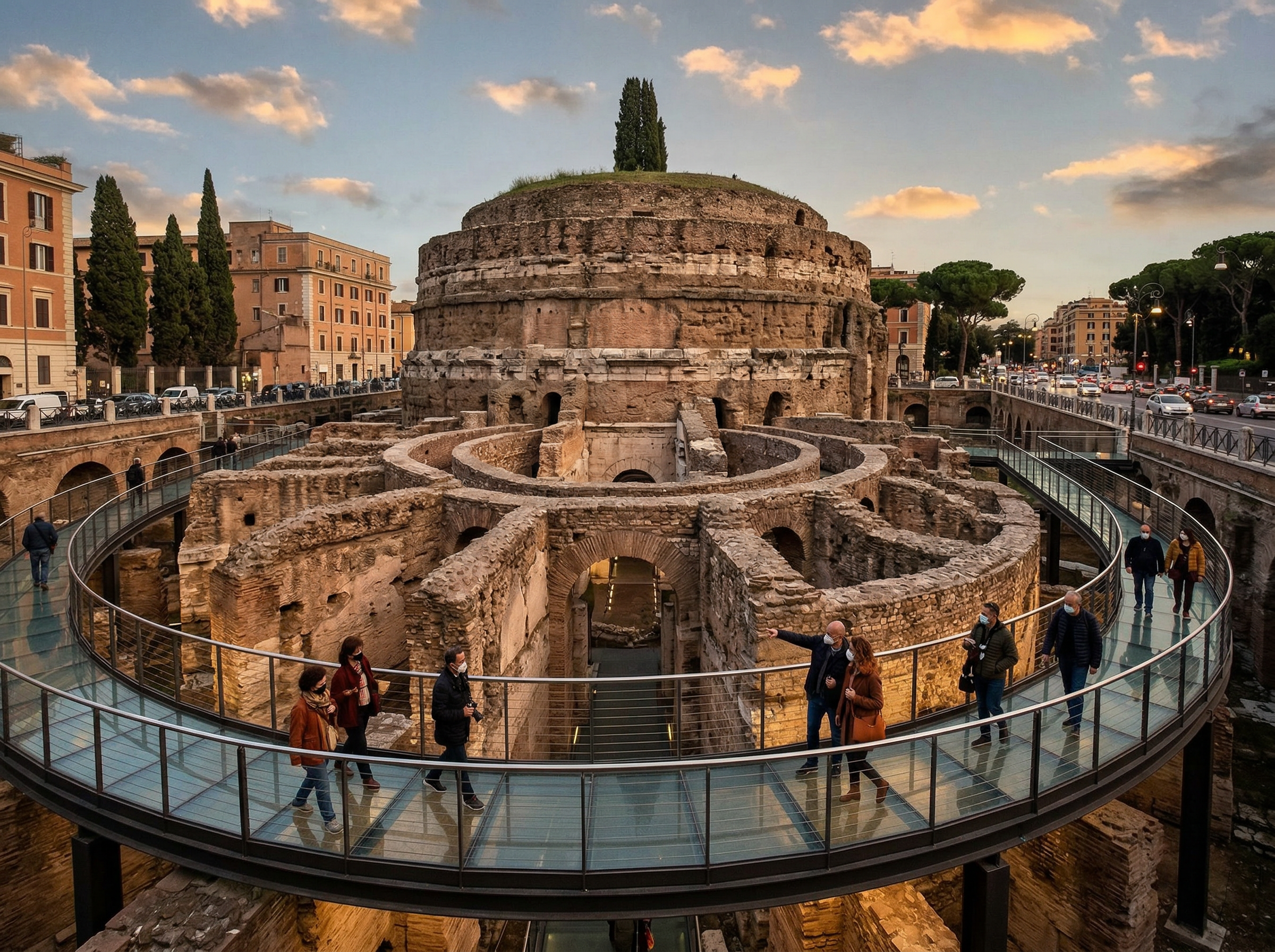 The recently restored Mausoleum of Augustus with modern glass walkways against ancient stone