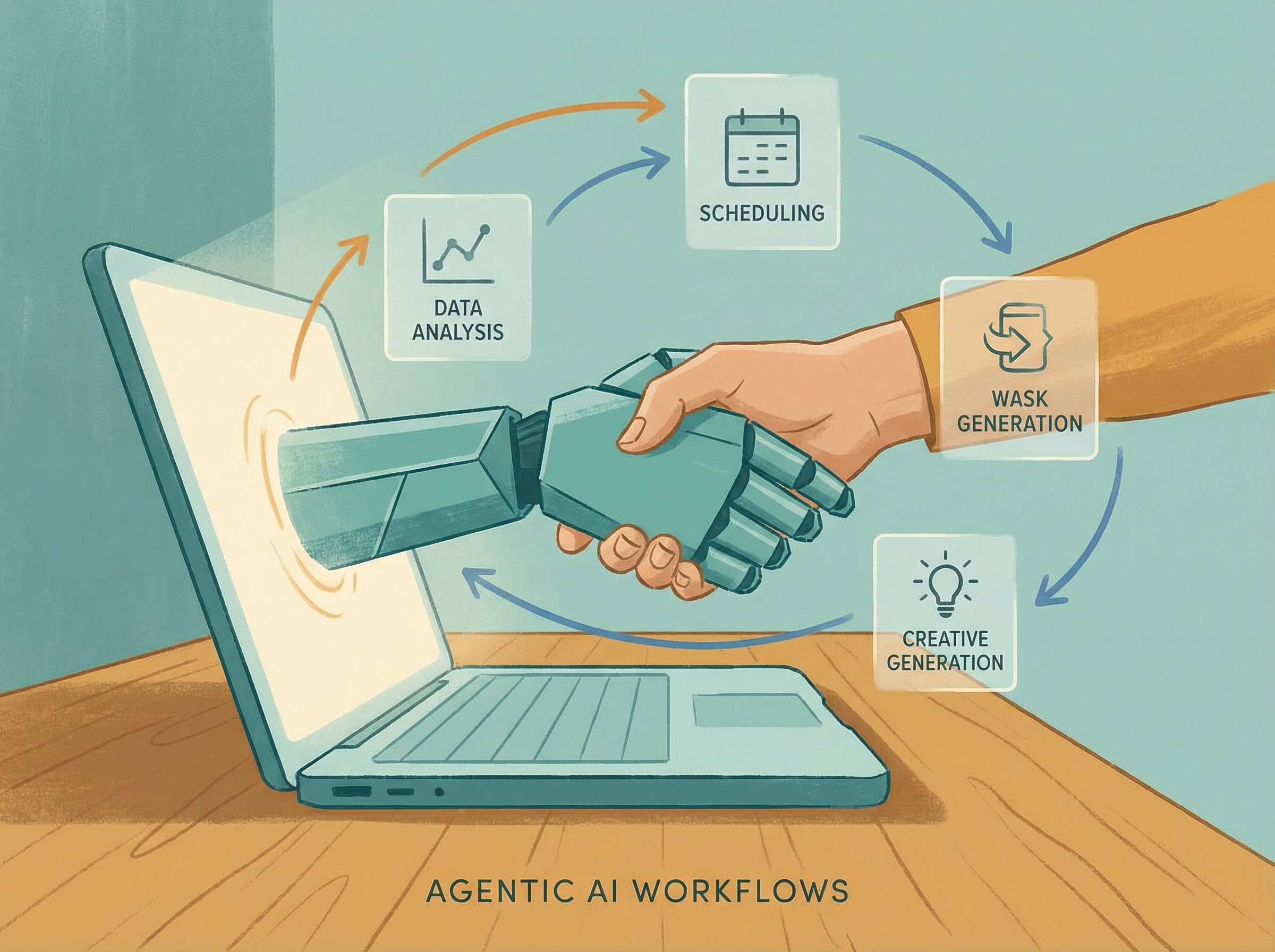 Robot hand reaching from laptop to shake human hand, floating task cards around