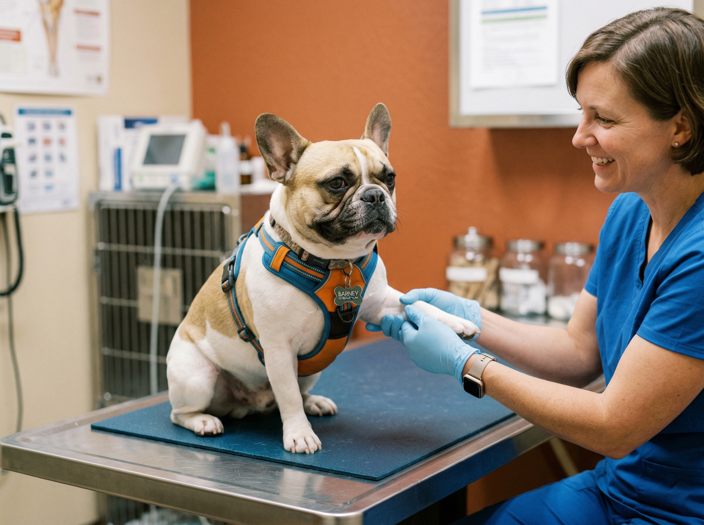 A French Bulldog being gently handled by a veterinarian for nail care, wearing a comfortable harness