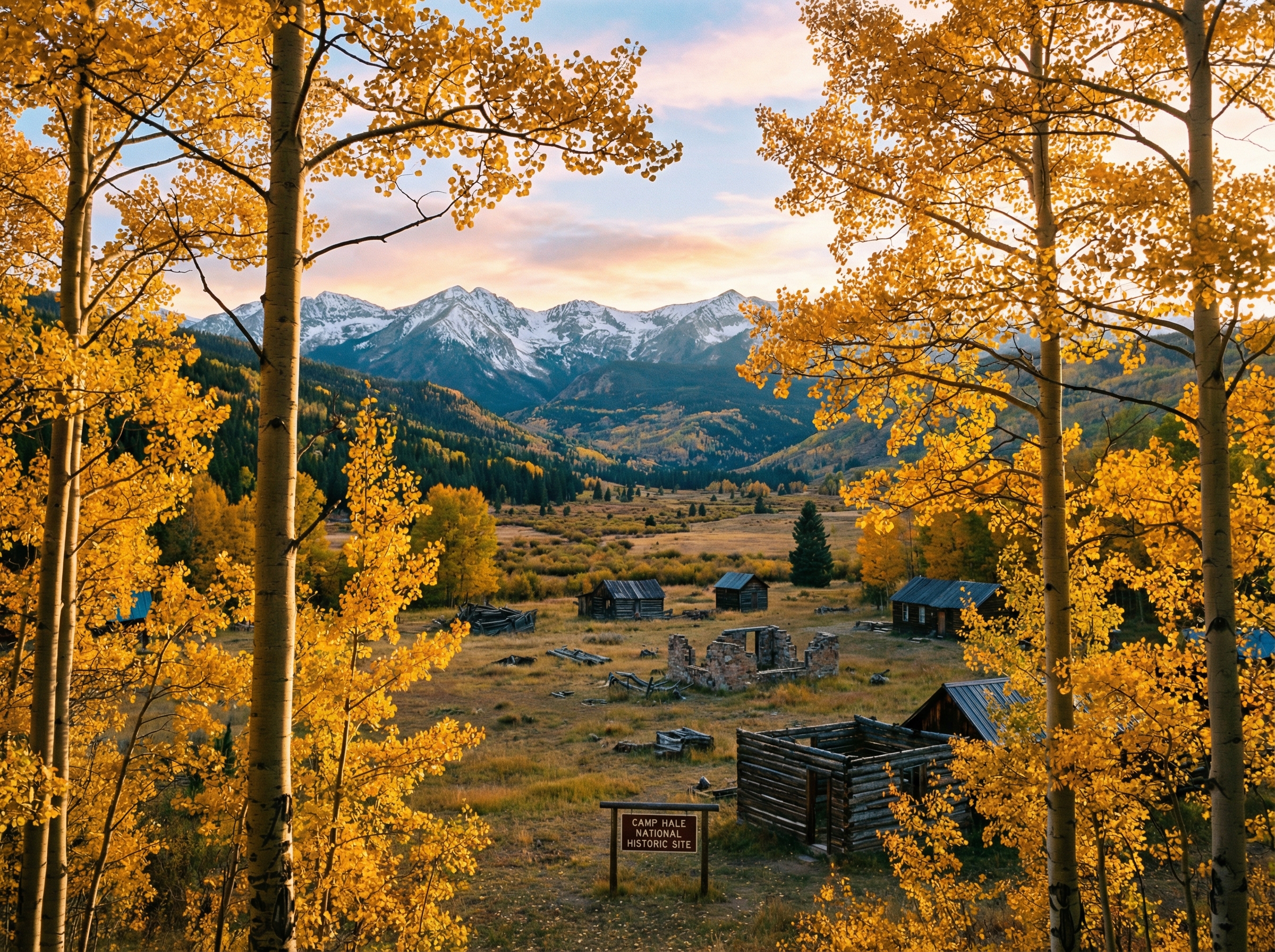 Camp Hale valley in autumn with golden aspen trees and Continental Divide peaks