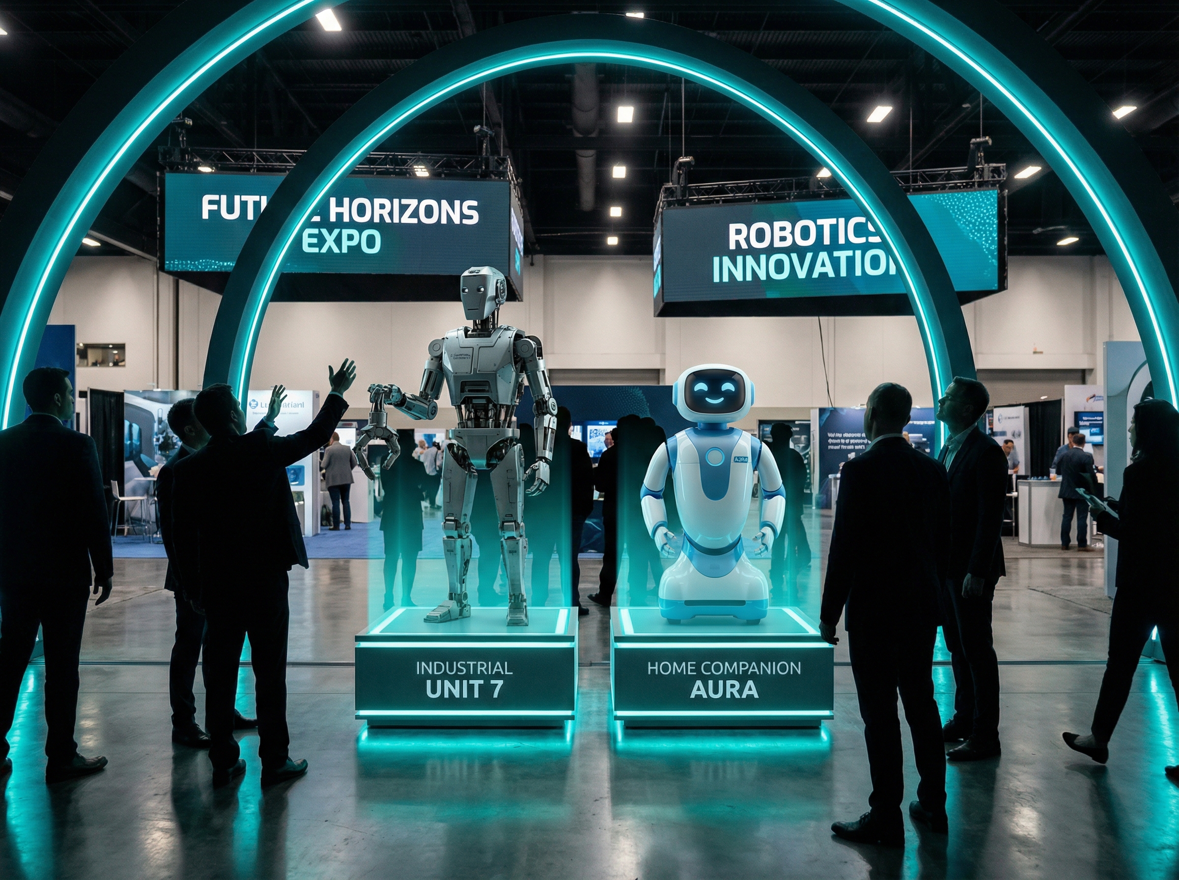 Two humanoid robots displayed on illuminated pedestals at a futuristic trade show