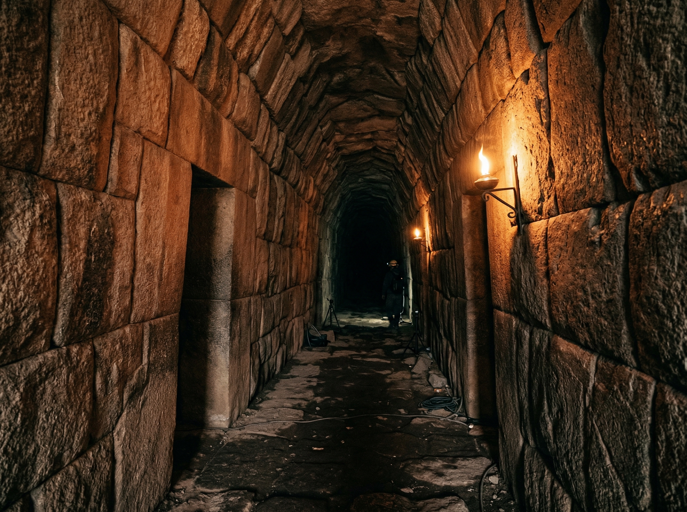 Underground Inca stone tunnel corridor with trapezoidal doorway lit by flickering torchlight