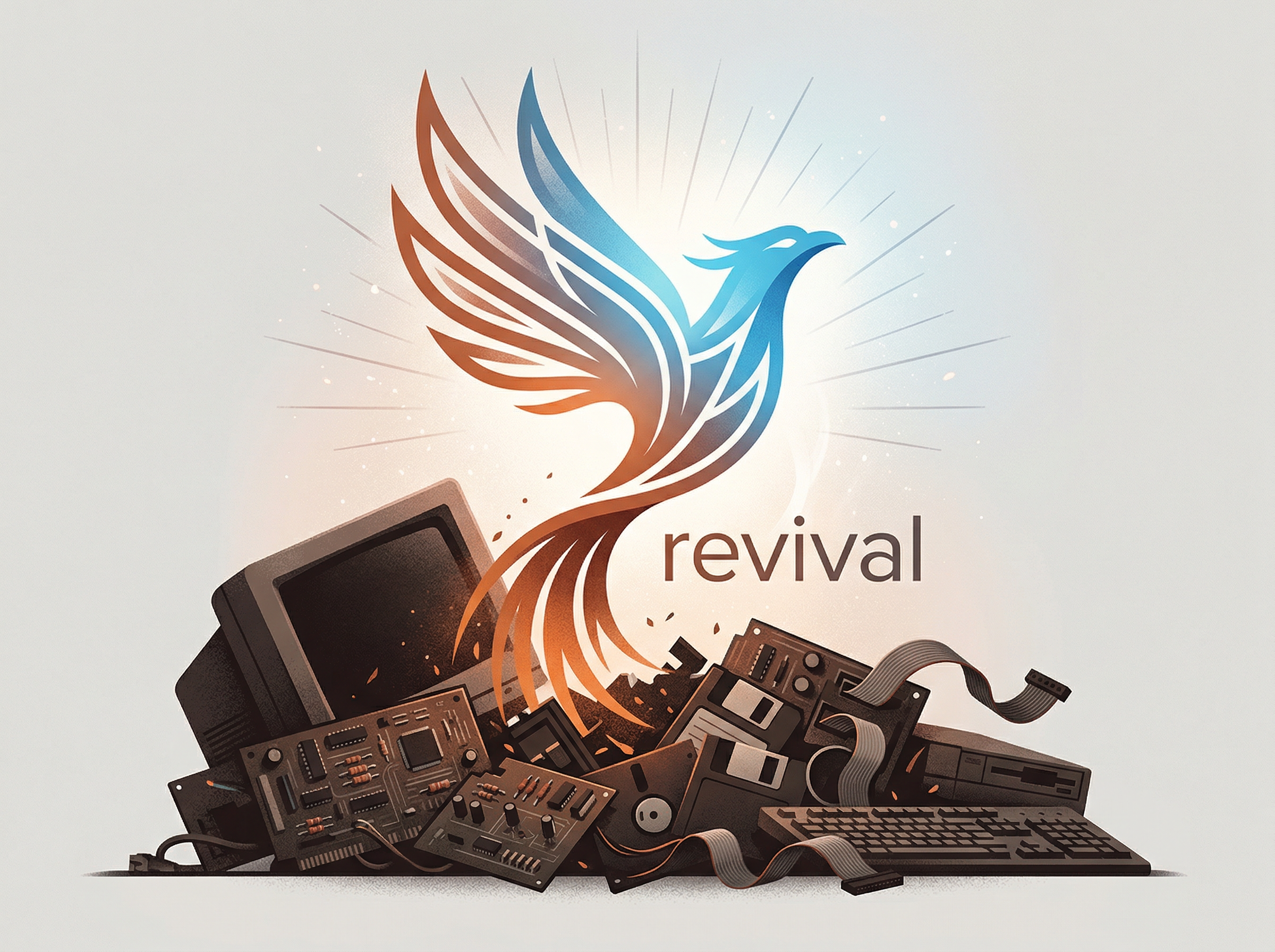 A phoenix rising from embers reimagined as a modern tech logo emerging from vintage computer parts