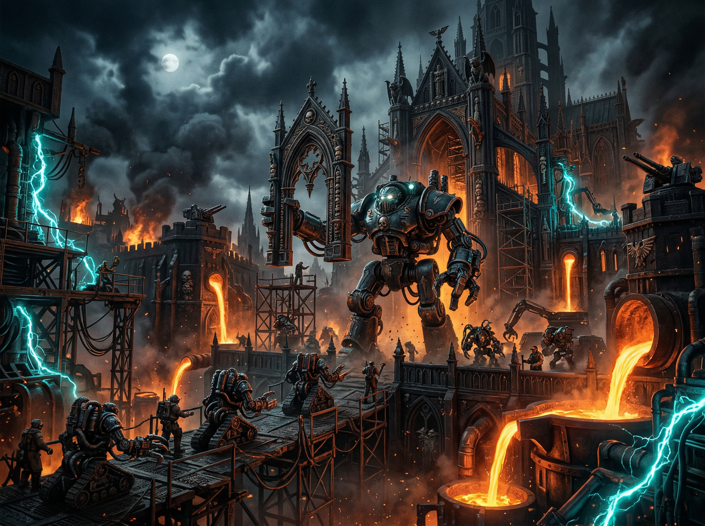 Gothic cathedral-fortress being constructed by massive mechanical servitors with molten metal and teal energy streams