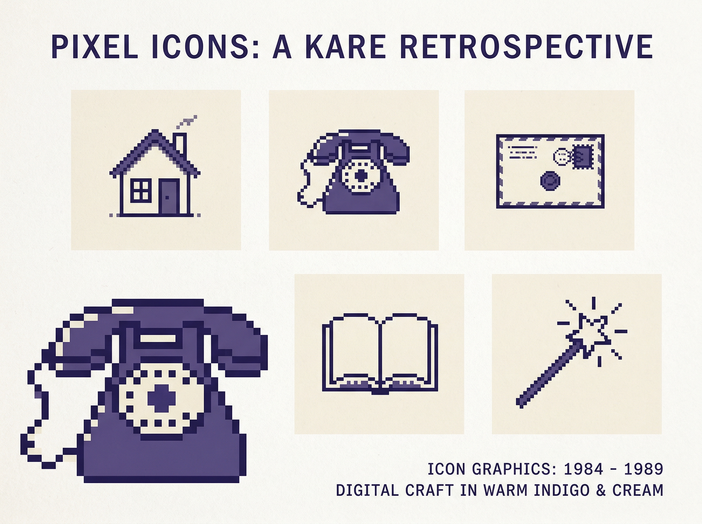 A grid of pixel art icons in Susan Kare's distinctive style — house, telephone, envelope, book, and magic wand — in warm indigo and cream